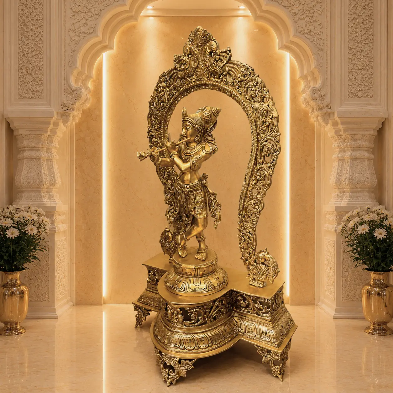 Brass Standing Krishna Idol On Throne / Singhasan (31 Inch) - Image 3