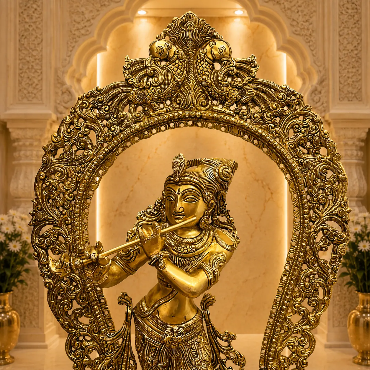 Brass Standing Krishna Idol On Throne / Singhasan (31 Inch) - Image 4