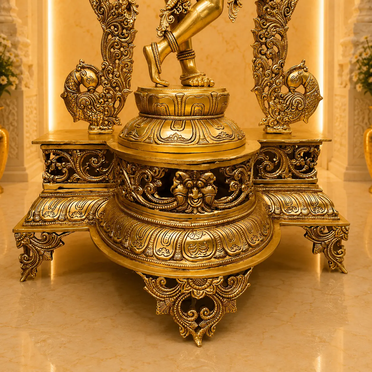 Brass Standing Krishna Idol On Throne / Singhasan (31 Inch) - Image 5