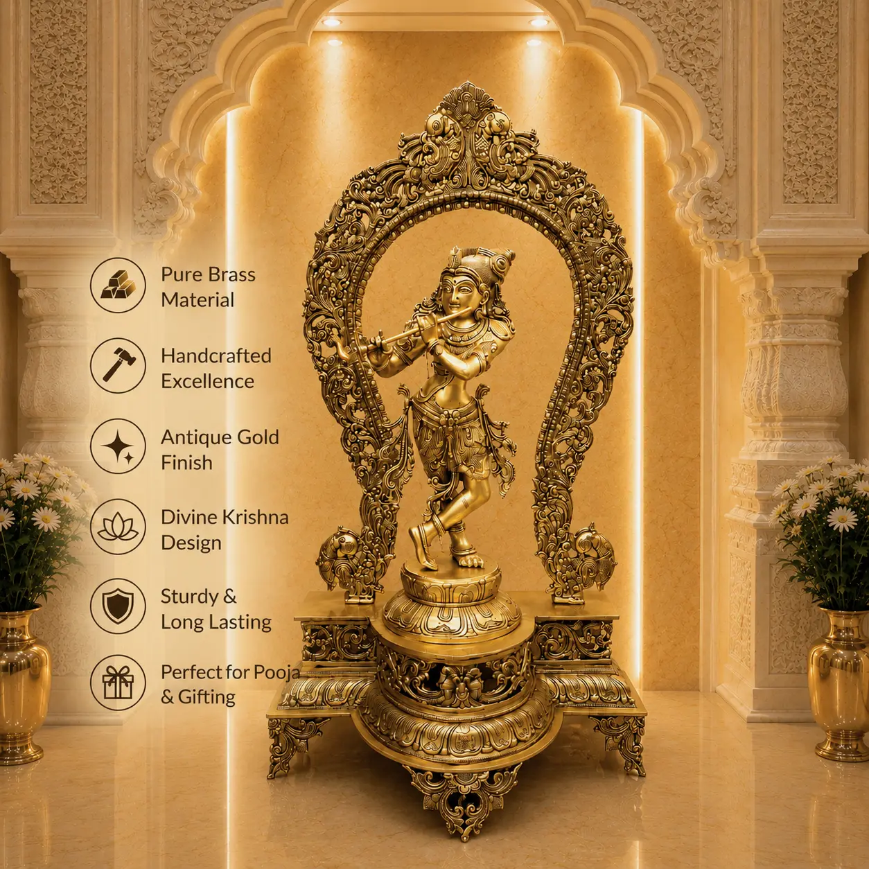 Brass Standing Krishna Idol On Throne / Singhasan (31 Inch) - Image 7