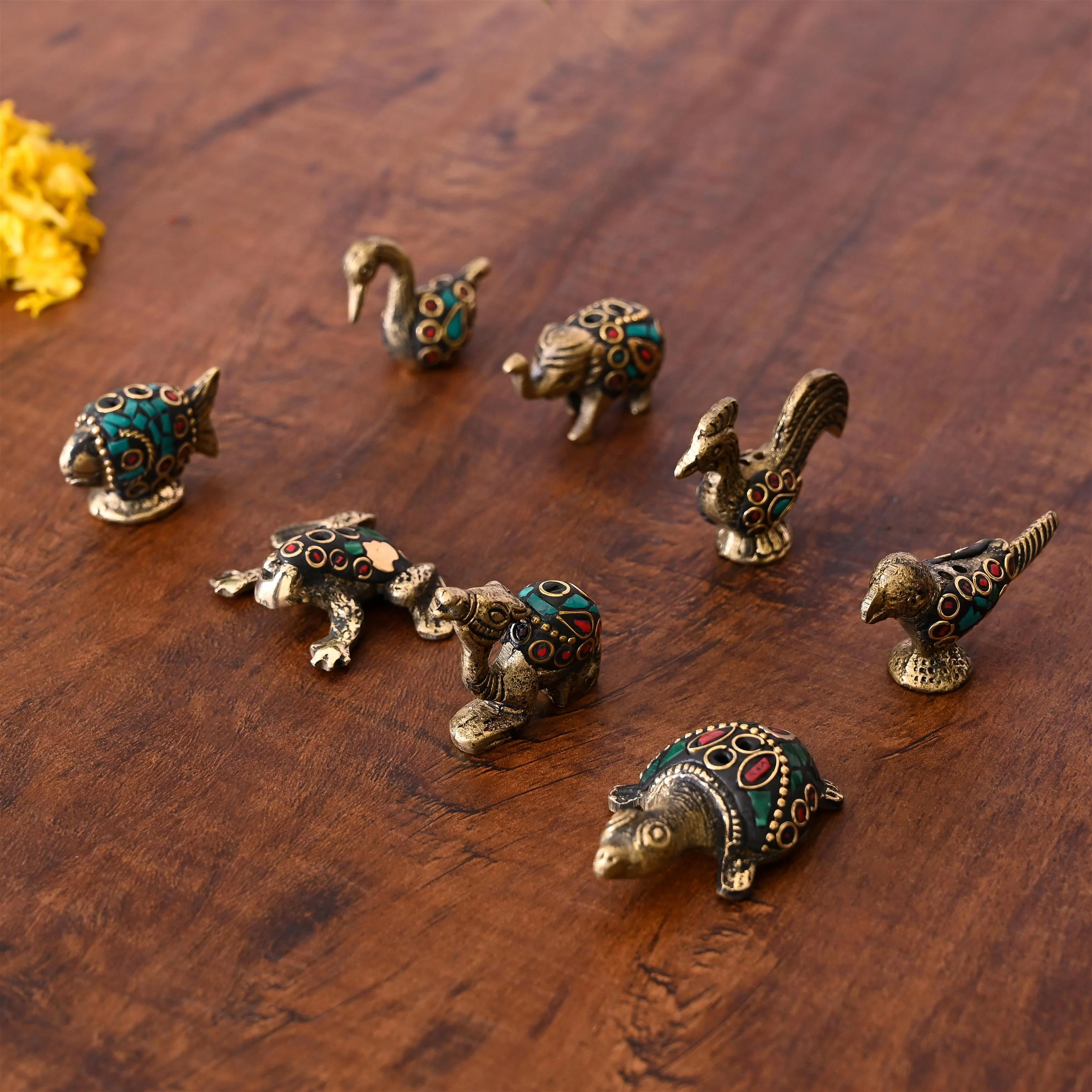 Brass Stone Work Animal Figurine Incense Holder Set - Image 2