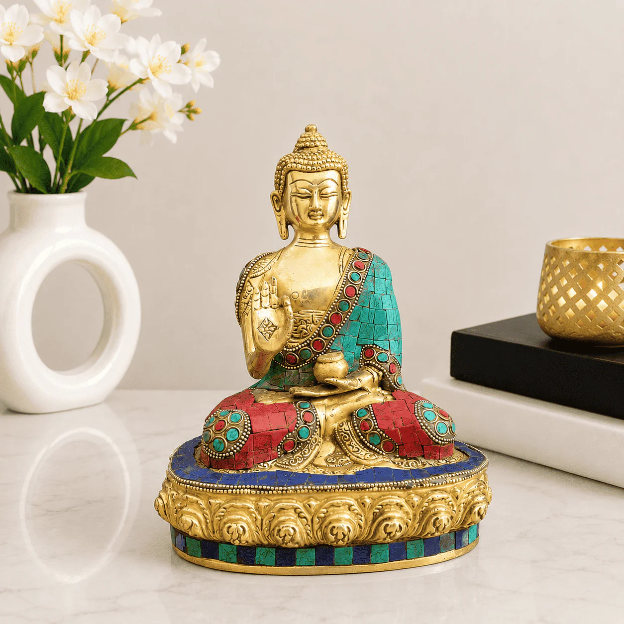 Brass Stone Work Blessing Sitting Buddha Statue