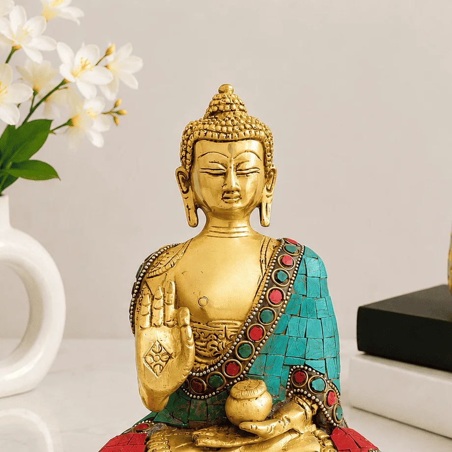 Brass Stone Work Blessing Sitting Buddha Statue - Image 2