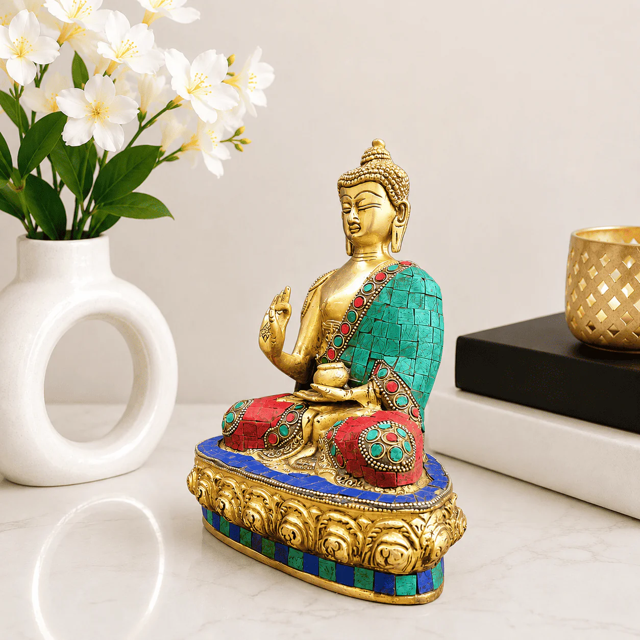 Brass Stone Work Blessing Sitting Buddha Statue - Image 3