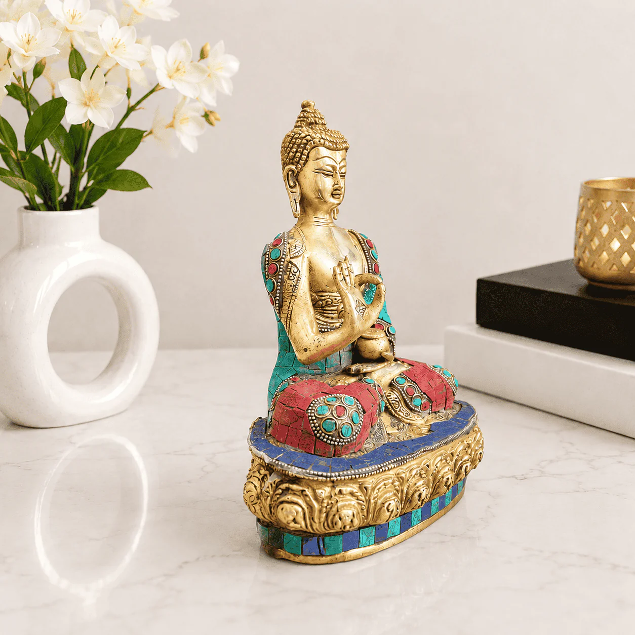 Brass Stone Work Blessing Sitting Buddha Statue - Image 4