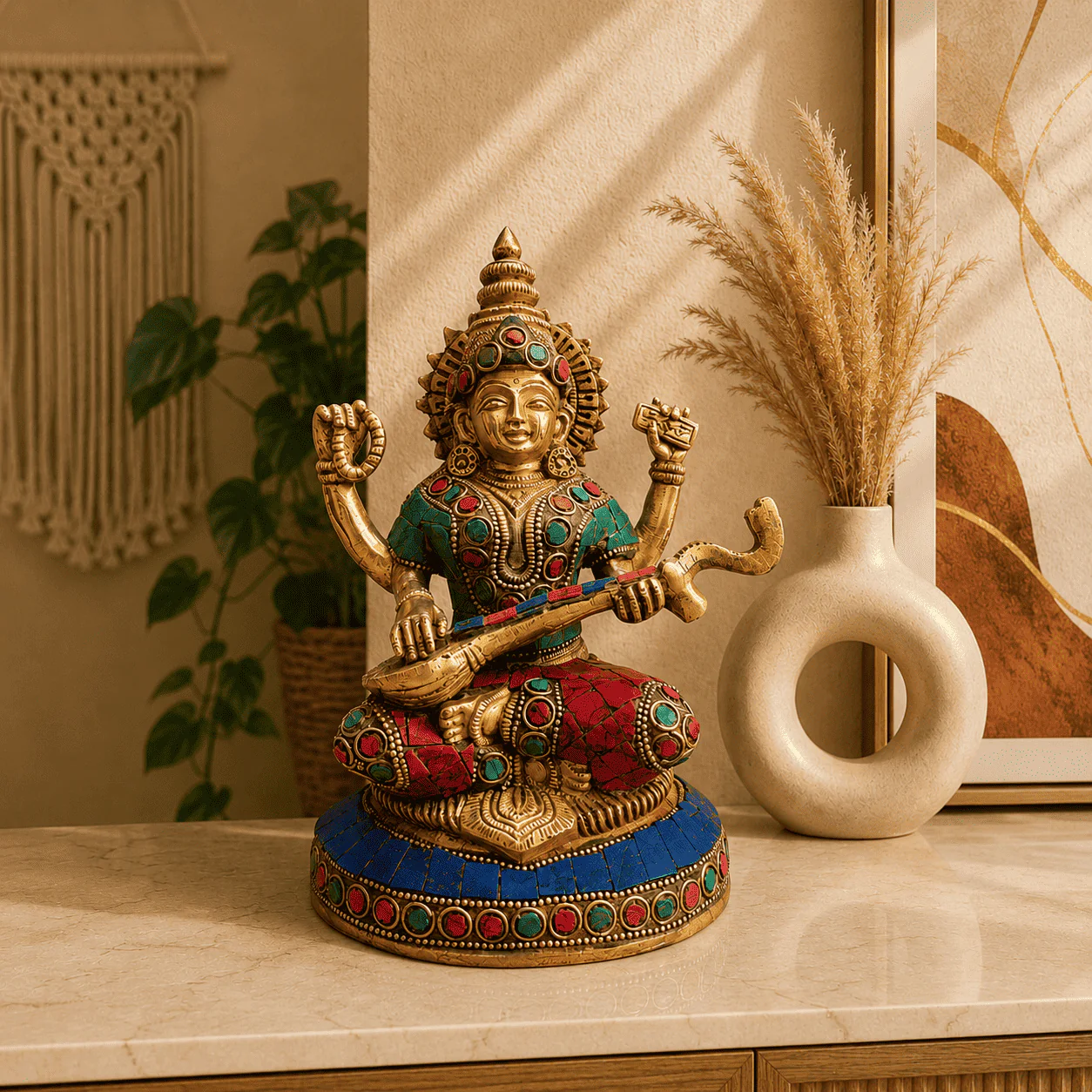 Brass Stone Work Goddess Sitting Saraswati Idol (7.5 Inch)