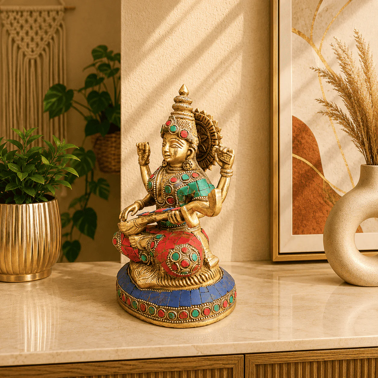 Brass Stone Work Goddess Sitting Saraswati Idol (7.5 Inch) - Image 3