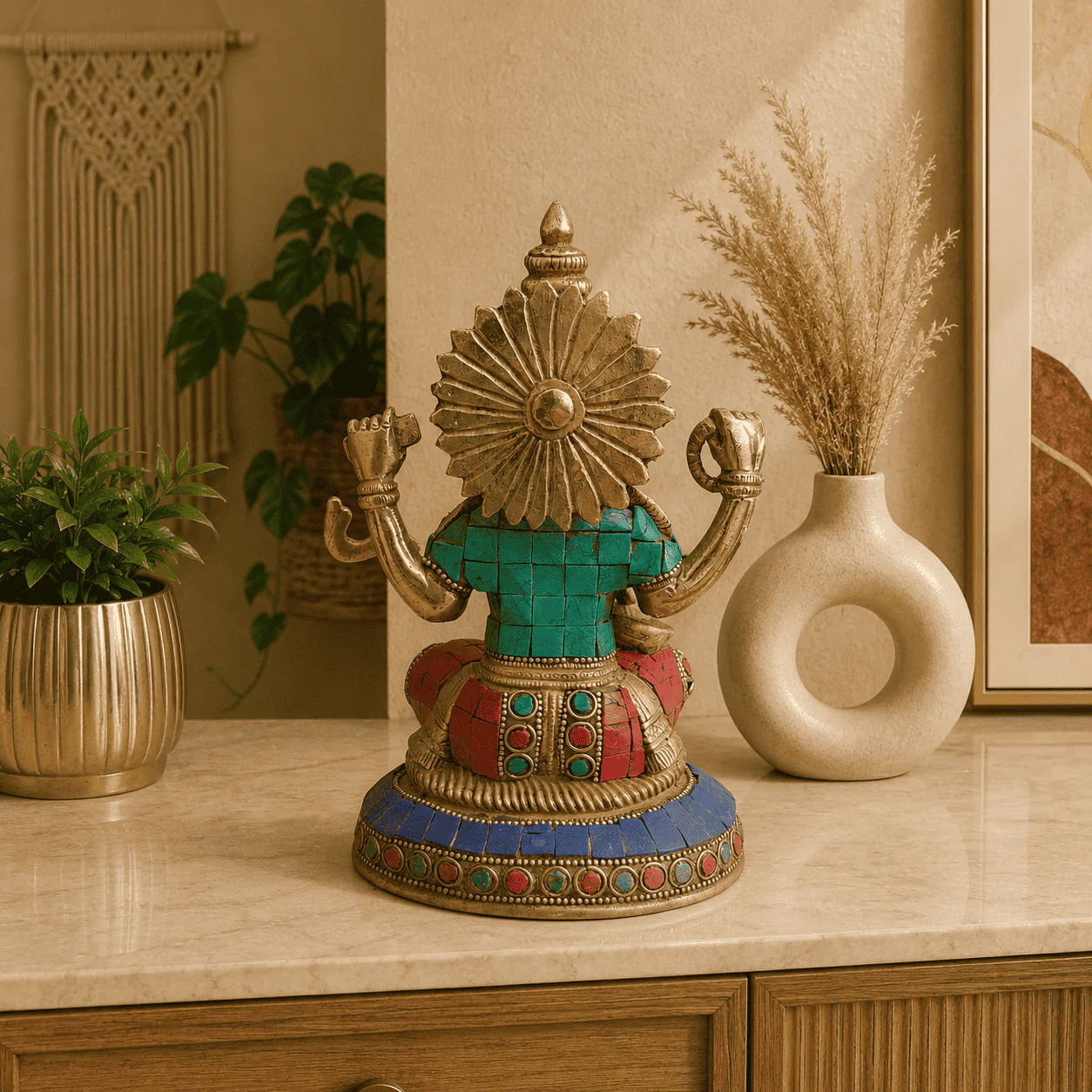 Brass Stone Work Goddess Sitting Saraswati Idol (7.5 Inch) - Image 4