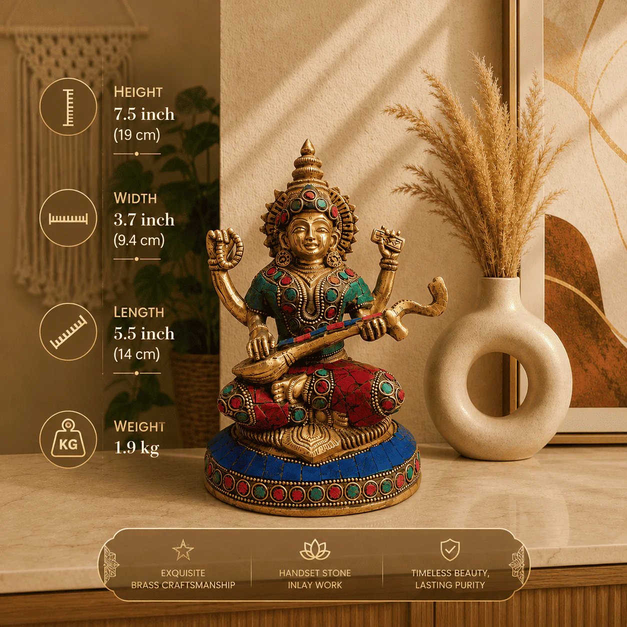 Brass Stone Work Goddess Sitting Saraswati Idol (7.5 Inch) - Image 5