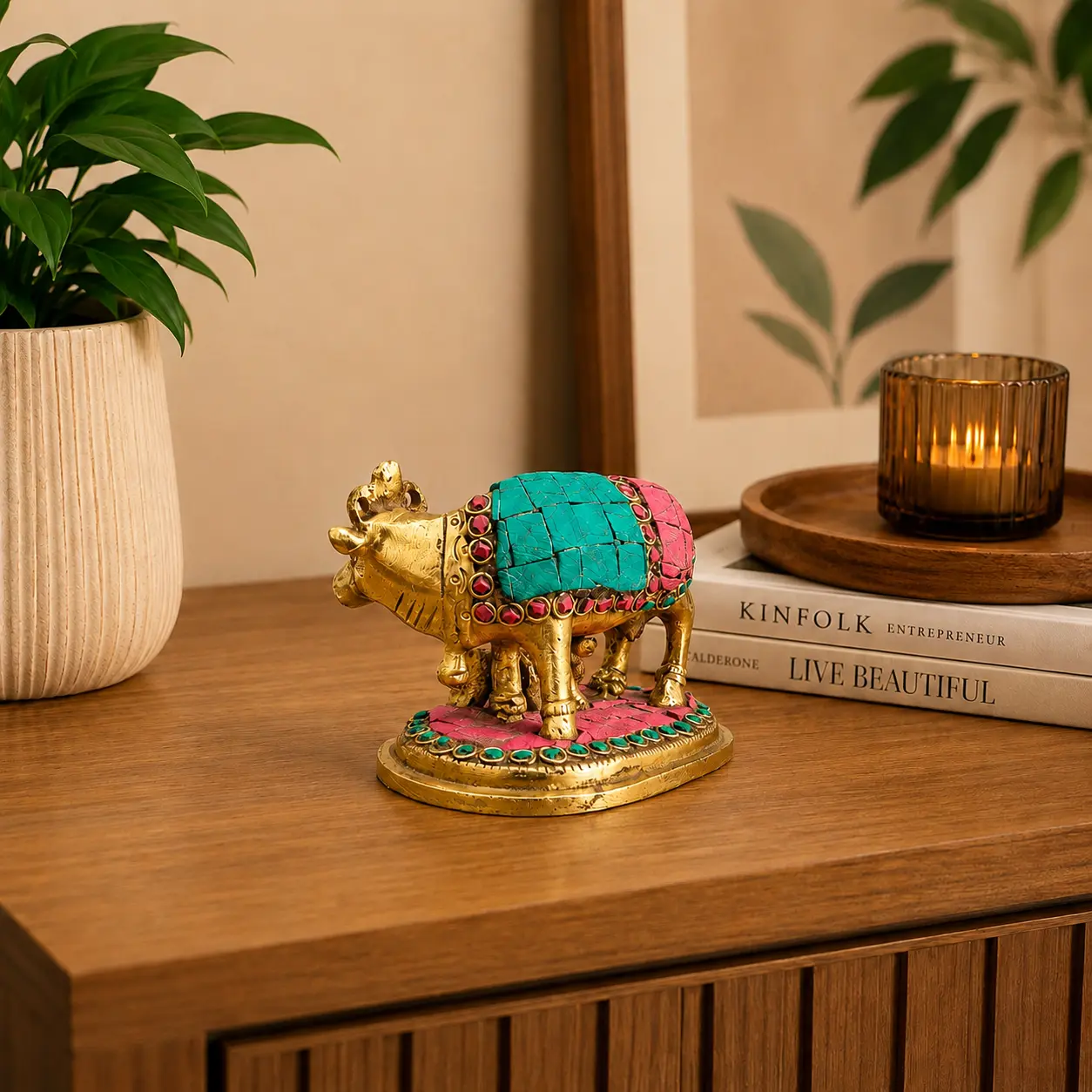 Brass Stone Work Kamdhenu Cow Idol (2.5 Inch) - Image 2