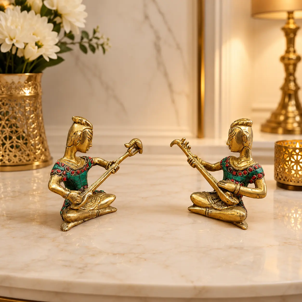 Brass Stone Work Musician Lady Set of 2 (4 Inch) - Image 2
