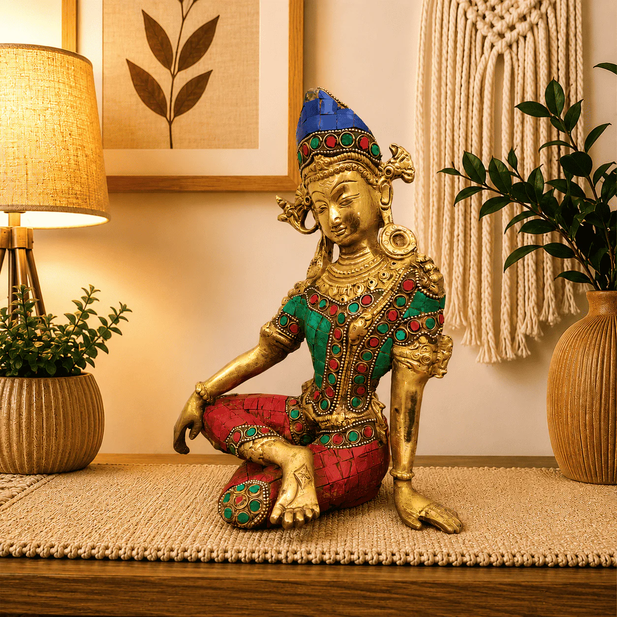 Brass Stone work Sitting Indra Dev Idol (9.5 Inch) - Image 2