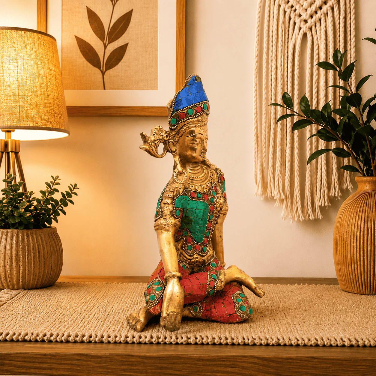 Brass Stone work Sitting Indra Dev Idol (9.5 Inch) - Image 3