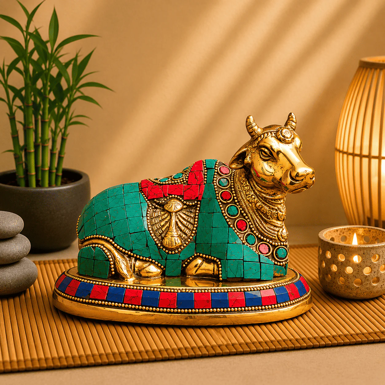 Brass Stone Work Sitting Nandi Idol (4.5 Inch)