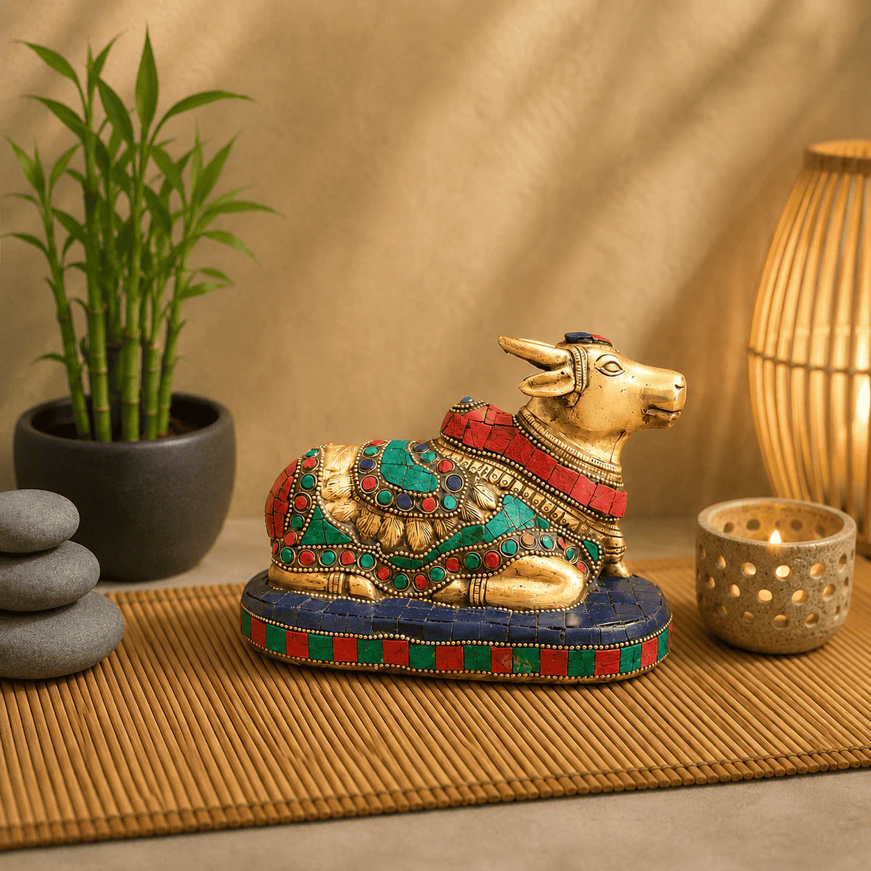 Brass Stone Work Sitting Nandi Idol (4.5 Inch) - Image 4