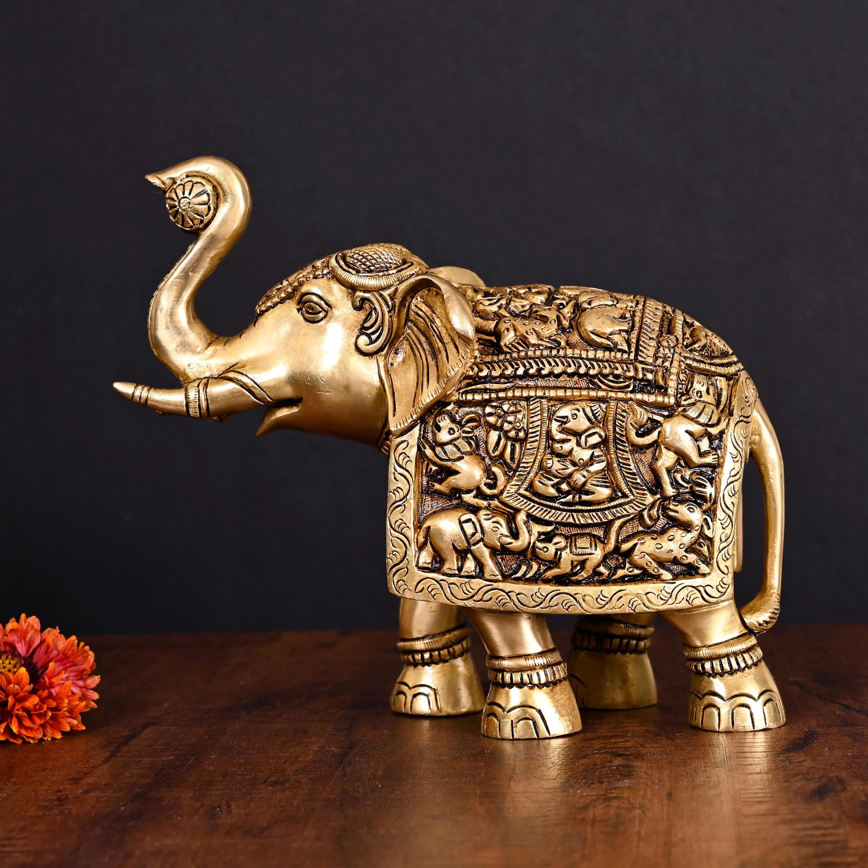Brass Superfine Elephant With Ganesha And Animals Carving (7.5 Inch)