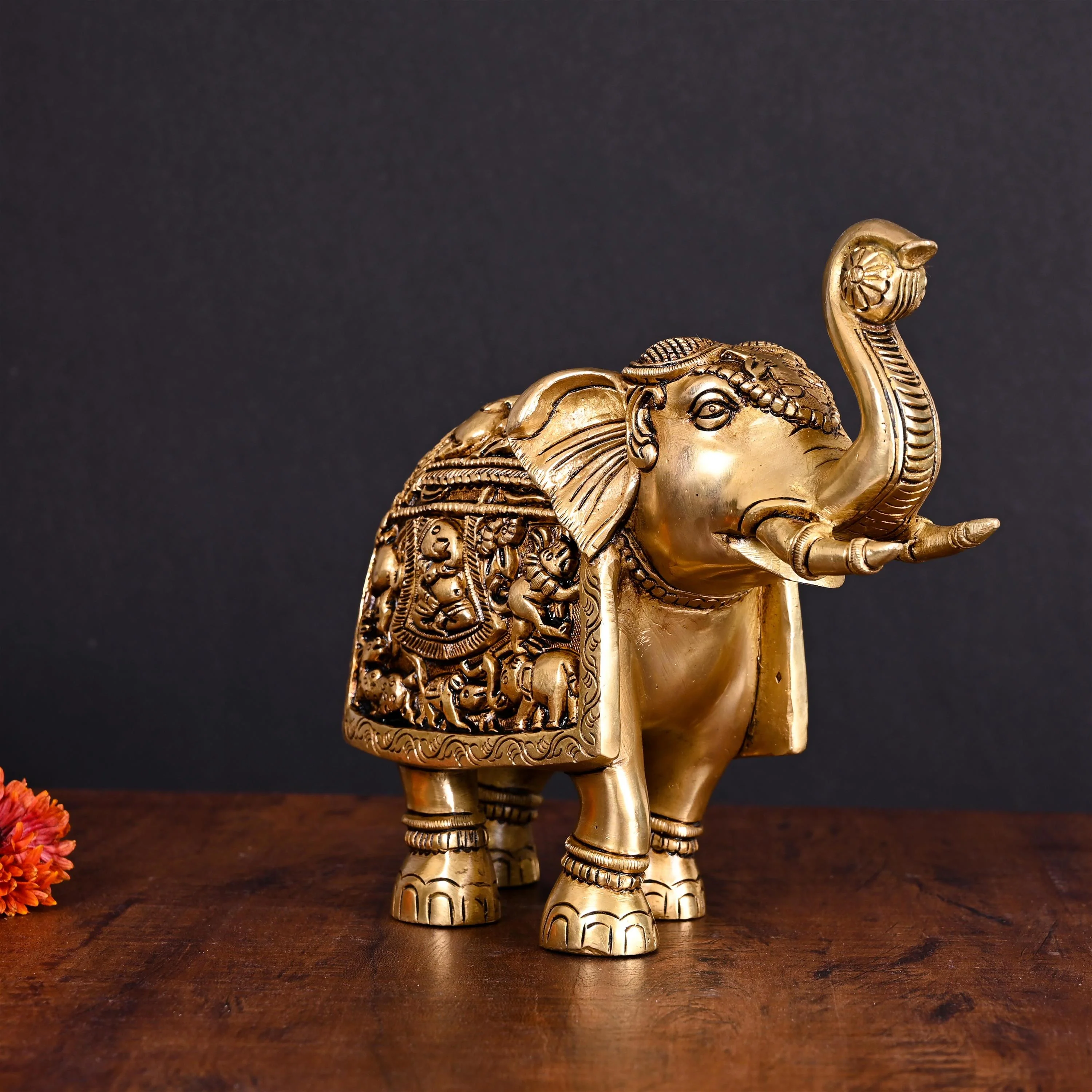 Brass Superfine Elephant With Ganesha And Animals Carving (7.5 Inch) - Image 2