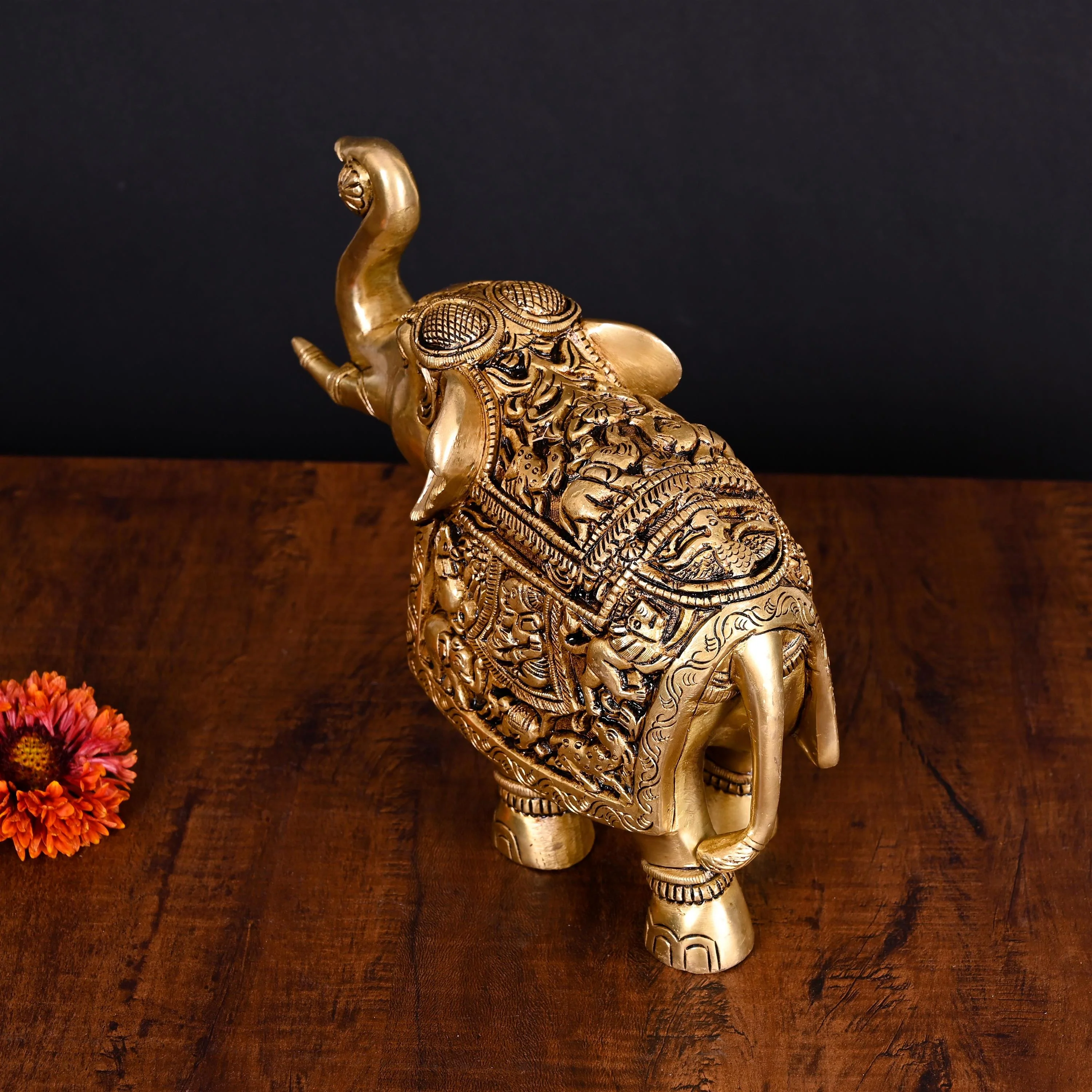Brass Superfine Elephant With Ganesha And Animals Carving (7.5 Inch) - Image 3