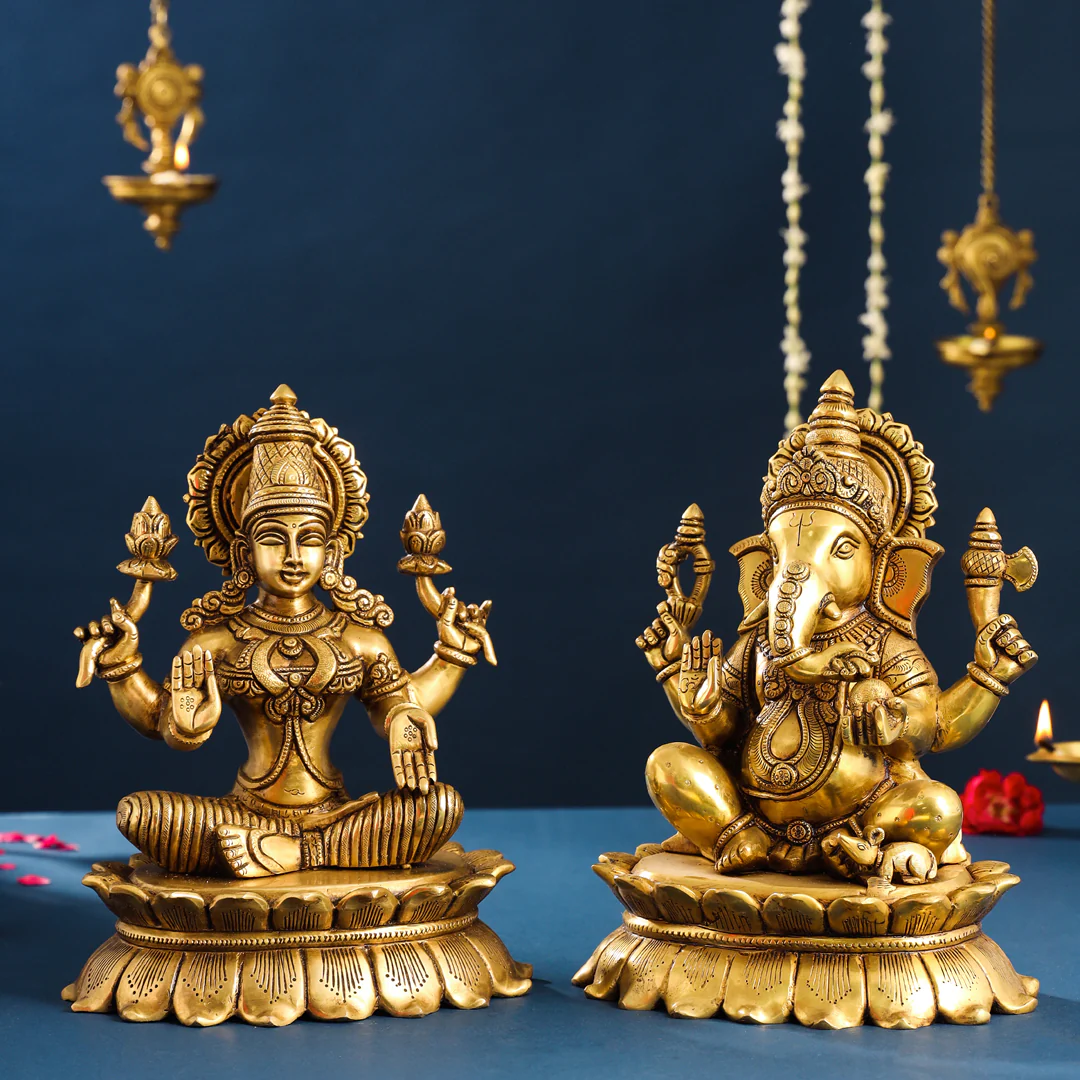 Brass Superfine Sitting Ganesha And Lakshmi Idols Set (11 Inch)