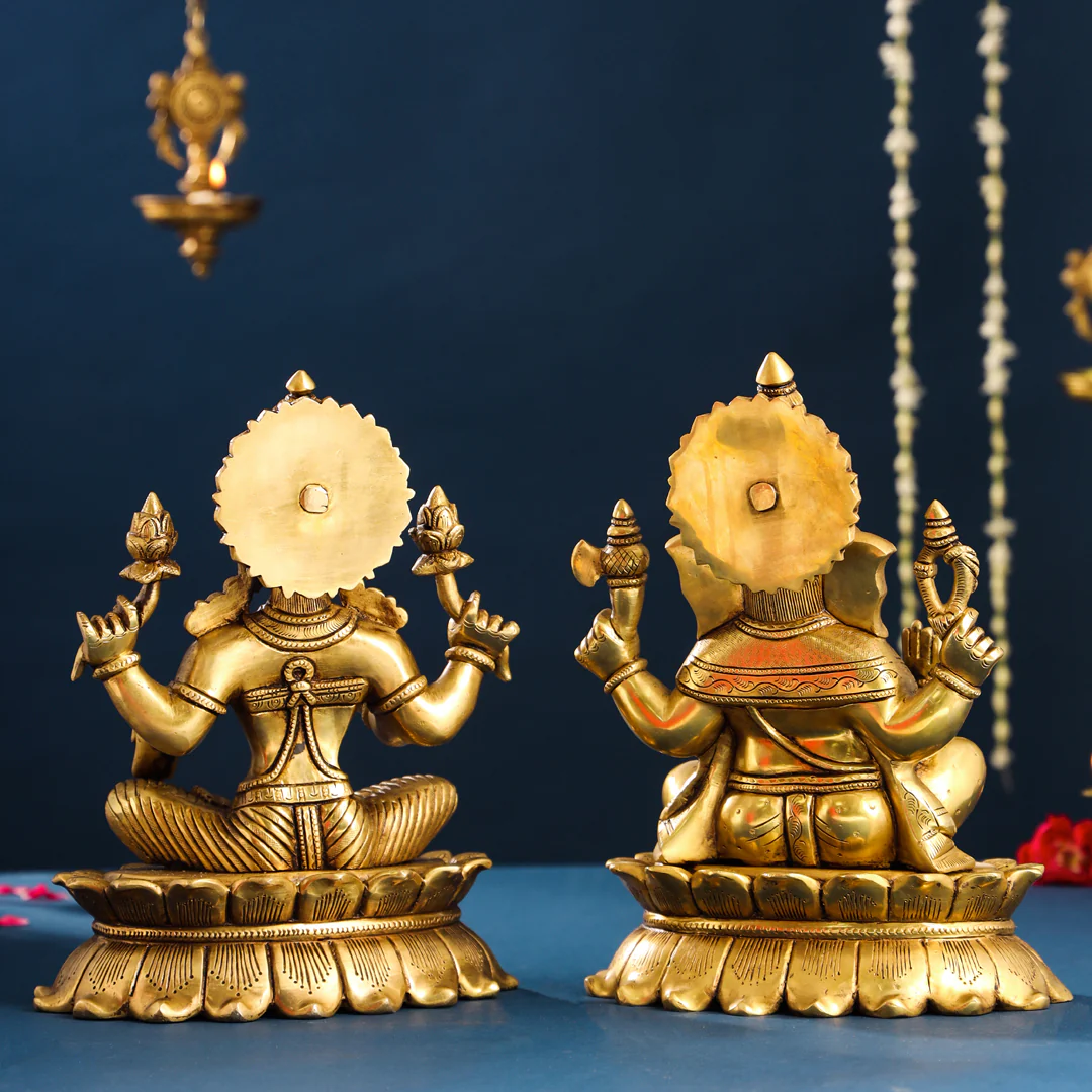 Brass Superfine Sitting Ganesha And Lakshmi Idols Set (11 Inch) - Image 3
