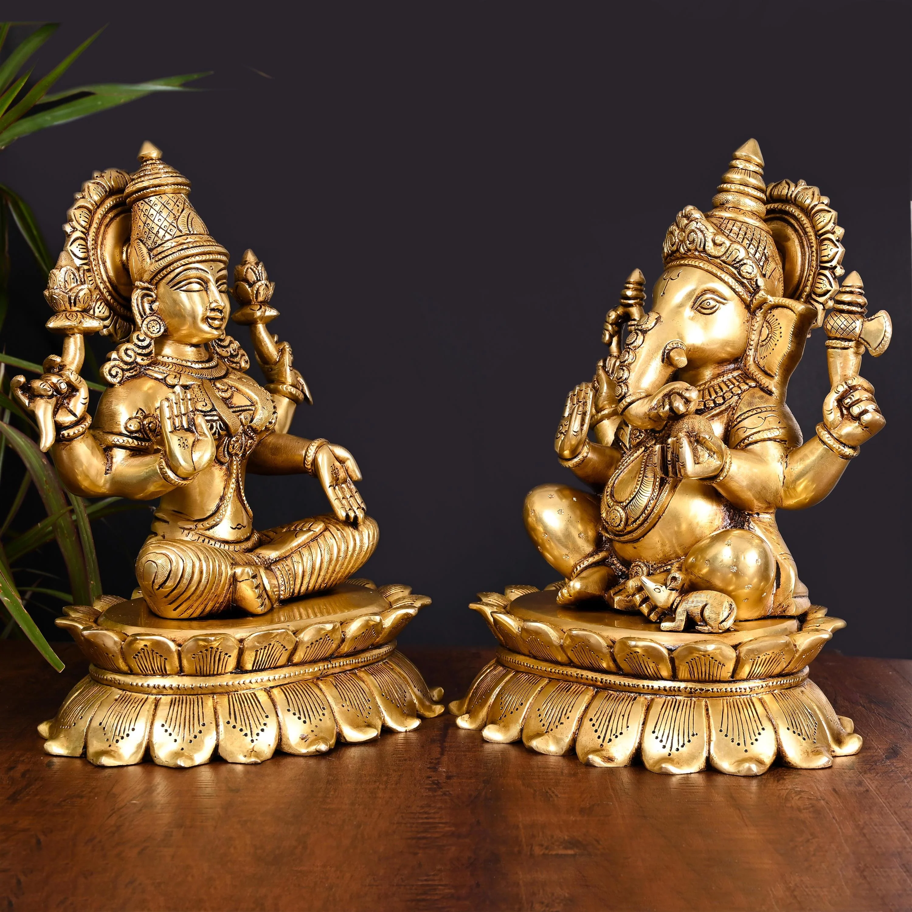 Brass Superfine Sitting Ganesha And Lakshmi Idols Set (11 Inch) - Image 4