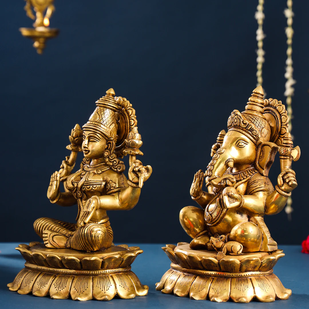 Brass Superfine Sitting Ganesha And Lakshmi Idols Set (11 Inch) - Image 5