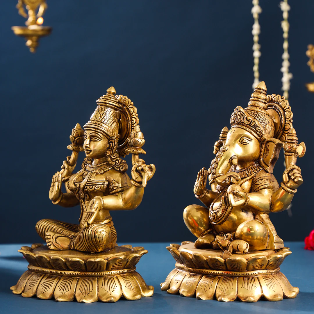 Brass Superfine Sitting Ganesha And Lakshmi Idols Set (11 Inch) - Image 6