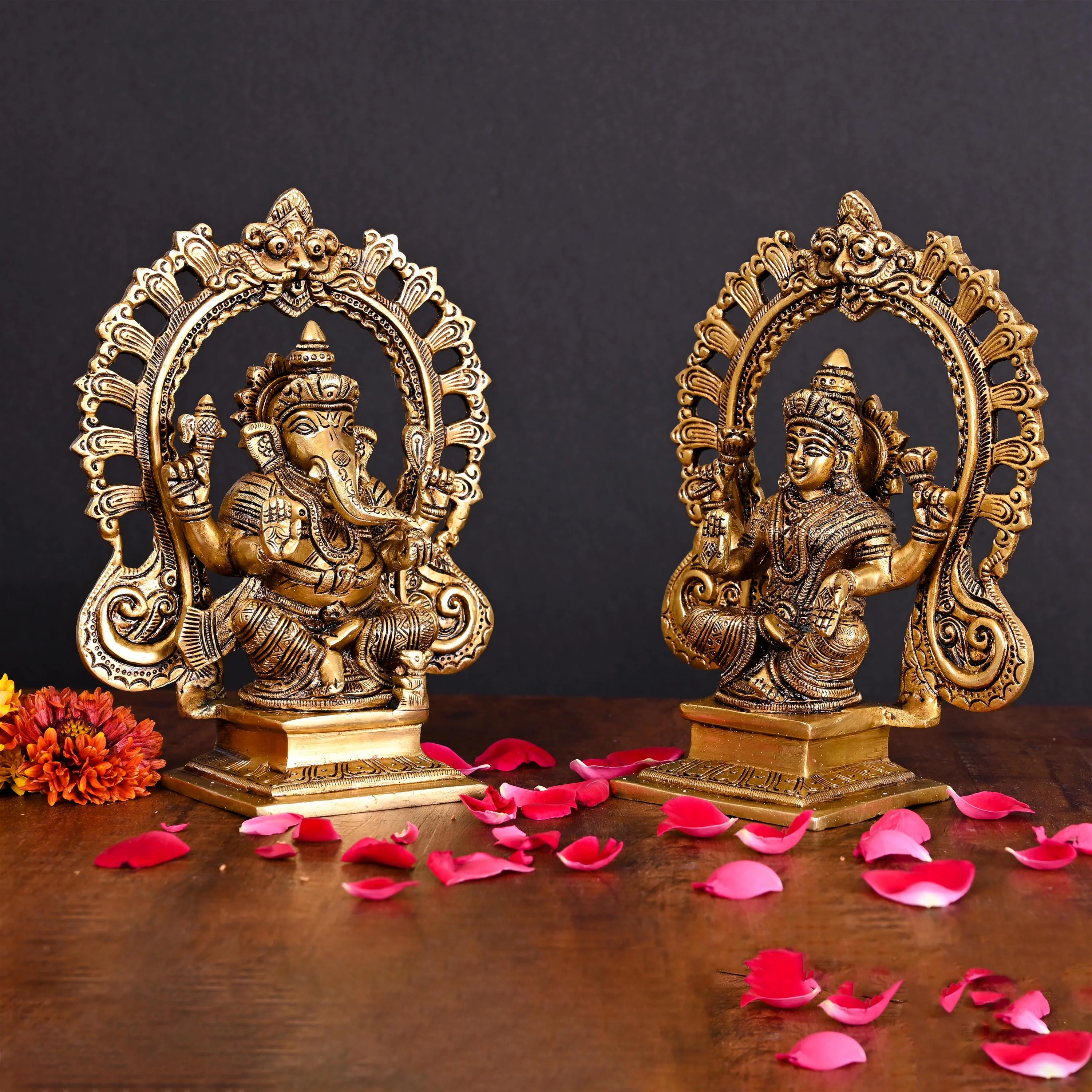 Brass Superfine Sitting Ganesha And Lakshmi On Throne Idol (8 Inch) - Image 2