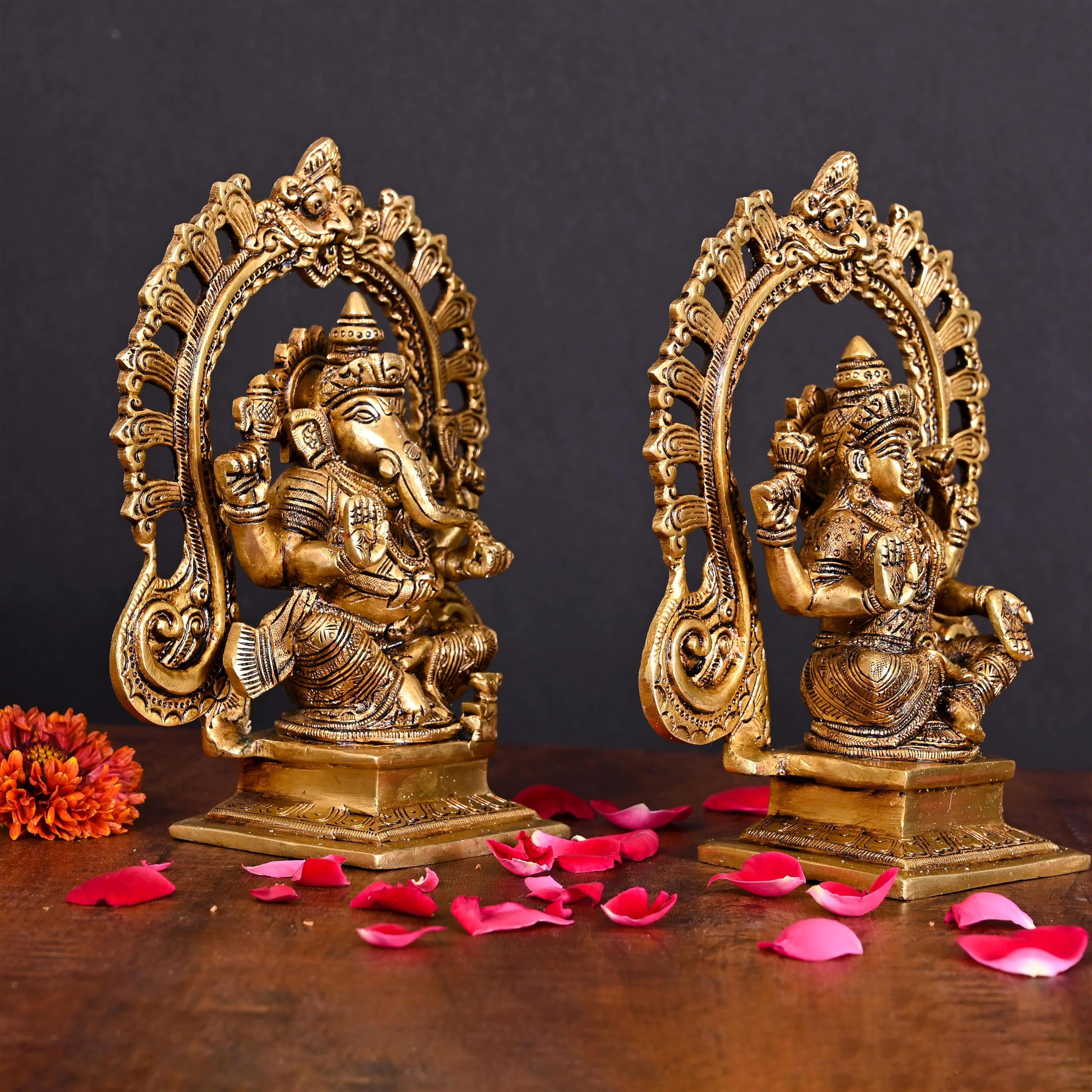 Brass Superfine Sitting Ganesha And Lakshmi On Throne Idol (8 Inch) - Image 3