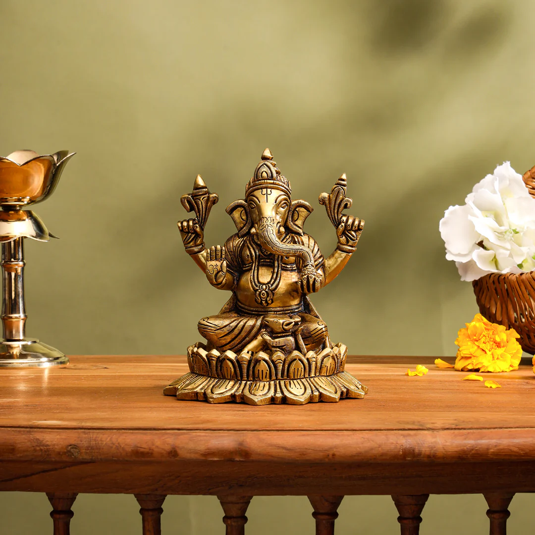 Brass Superfine Sitting Ganesha Idol (5.8 Inch)