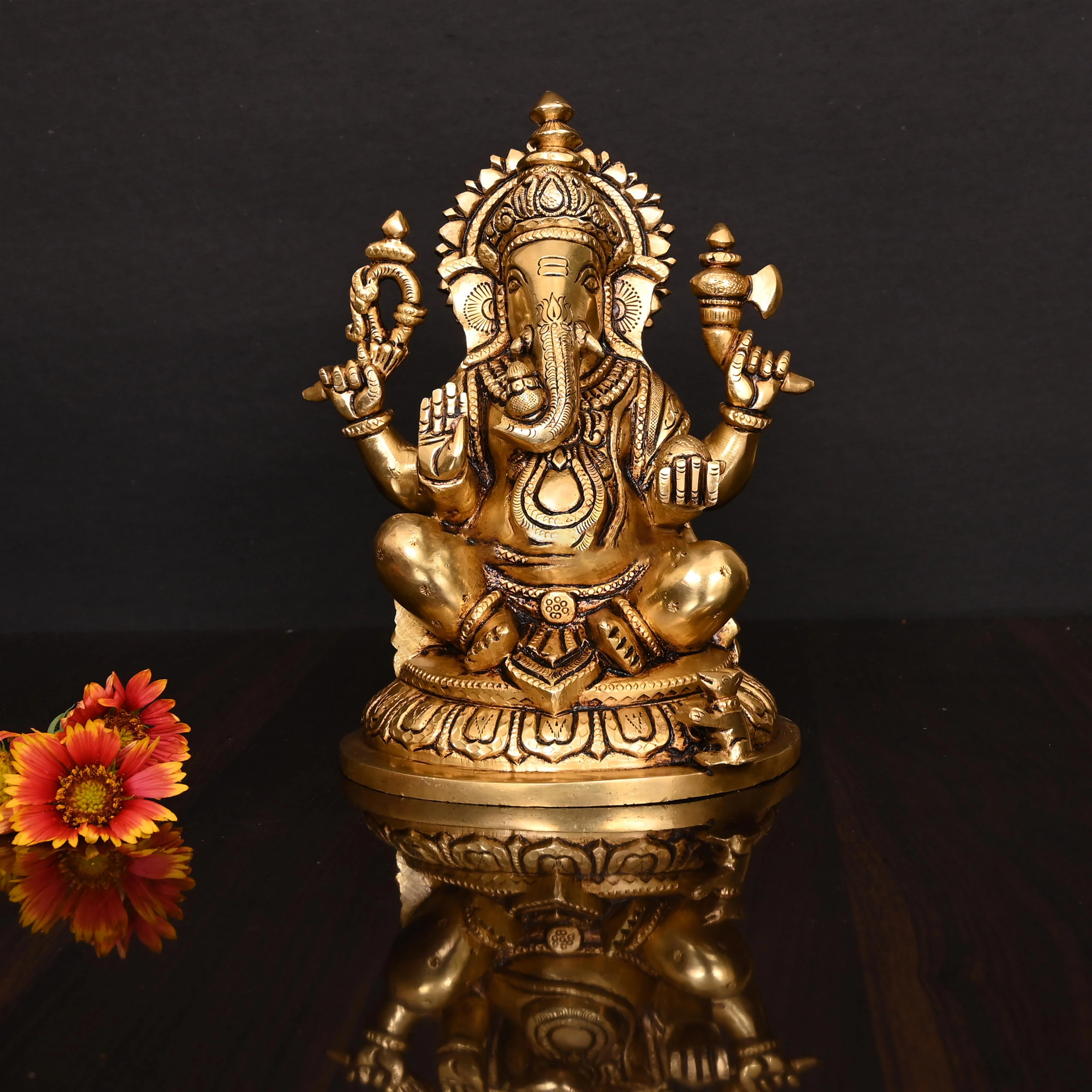 Brass Superfine Right Trunk Sitting Ganesha Idol (8 Inch)