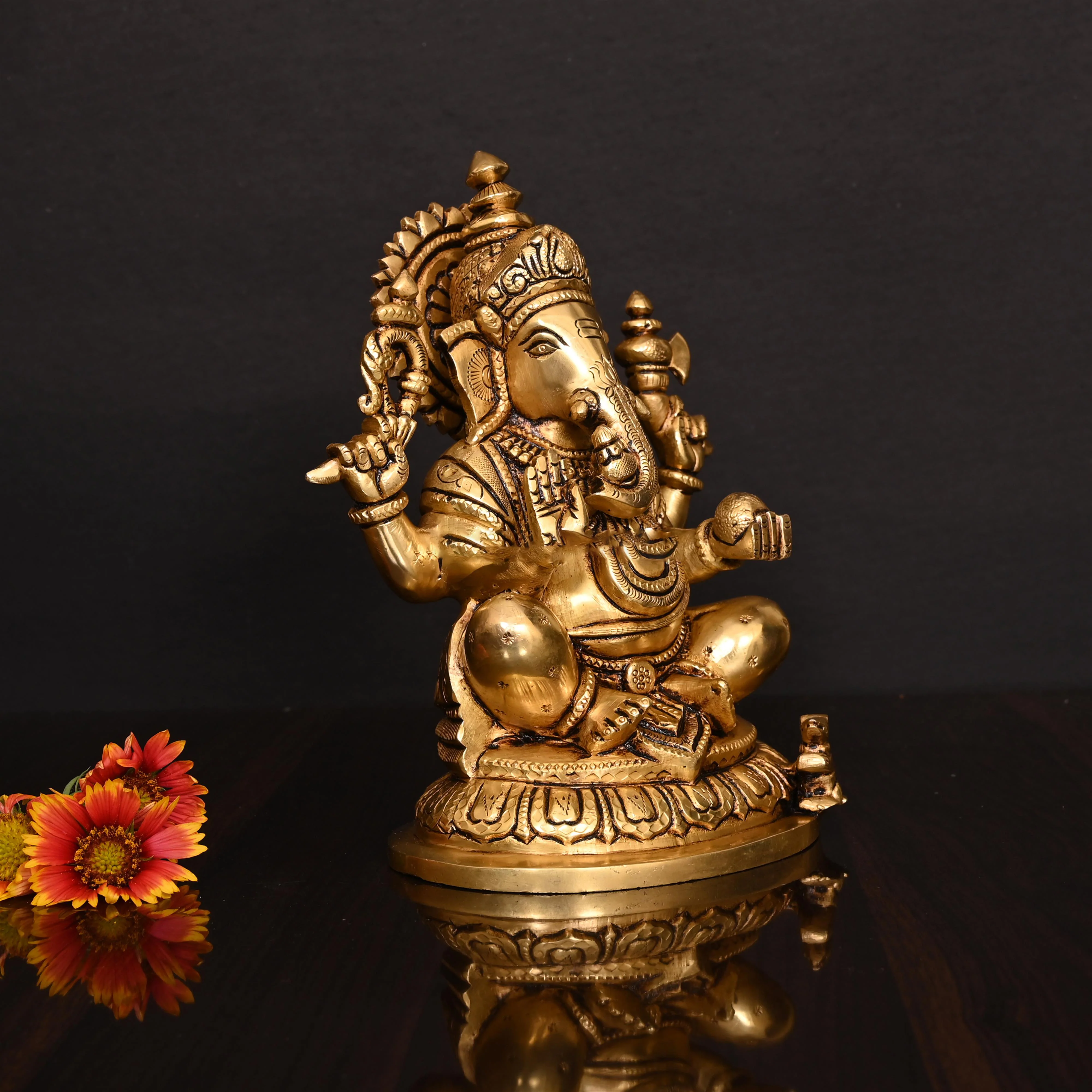 Brass Superfine Right Trunk Sitting Ganesha Idol (8 Inch) - Image 2