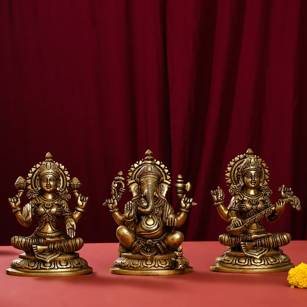 Brass Superfine Right Trunk Sitting Ganesha Lakshmi Saraswati Set (8 Inch)
