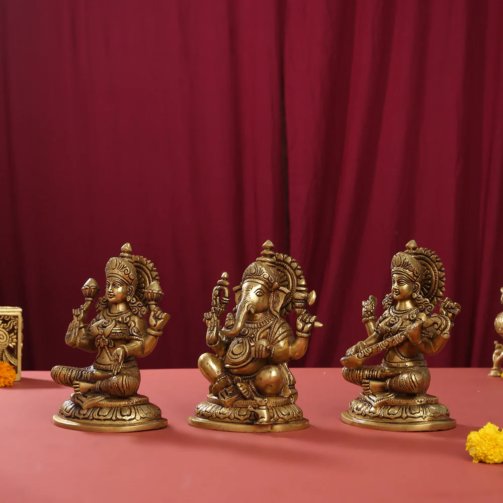 Brass Superfine Right Trunk Sitting Ganesha Lakshmi Saraswati Set (8 Inch) - Image 2