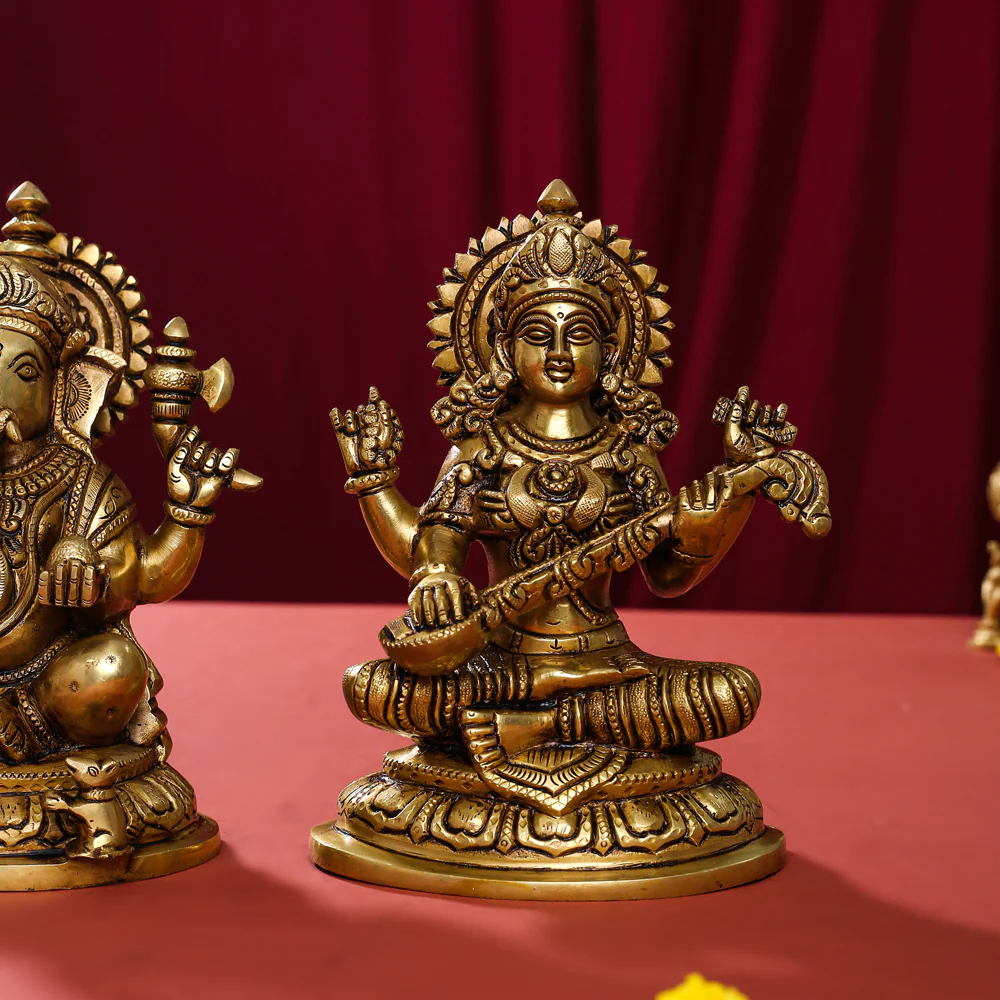 Brass Superfine Right Trunk Sitting Ganesha Lakshmi Saraswati Set (8 Inch) - Image 6