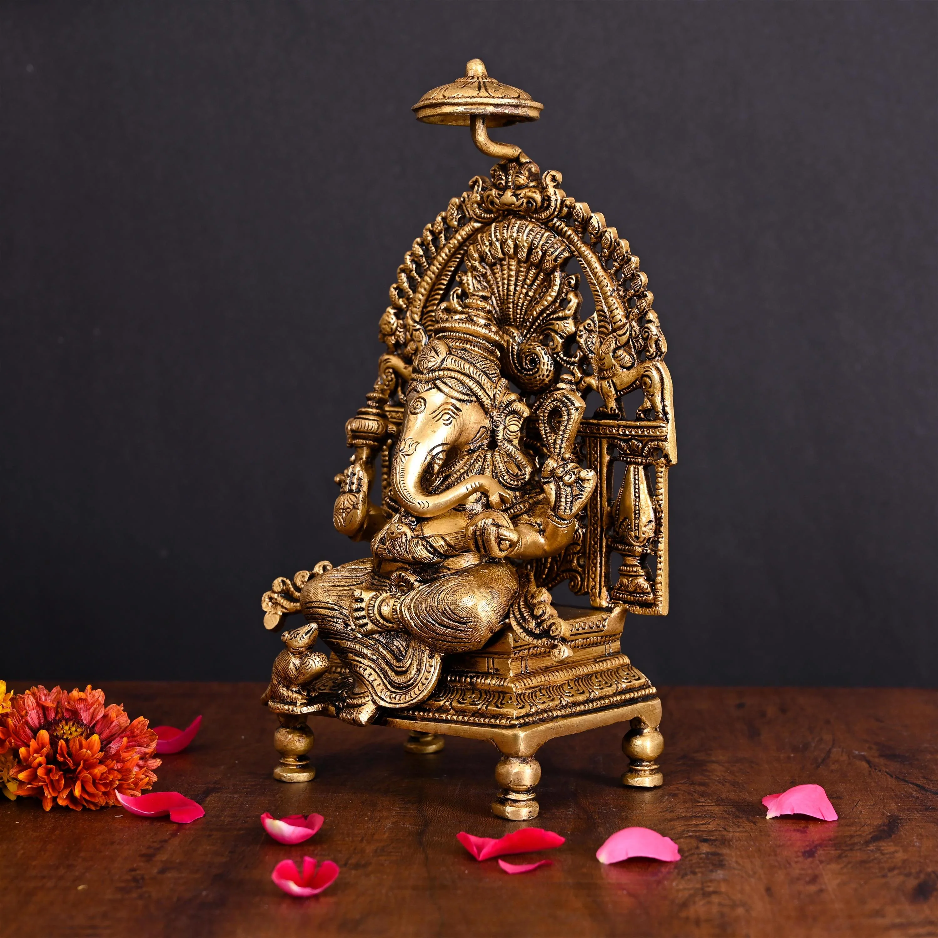 Brass Superfine Sitting Ganesha On Singhasan Idol (9.2 Inch) - Image 2