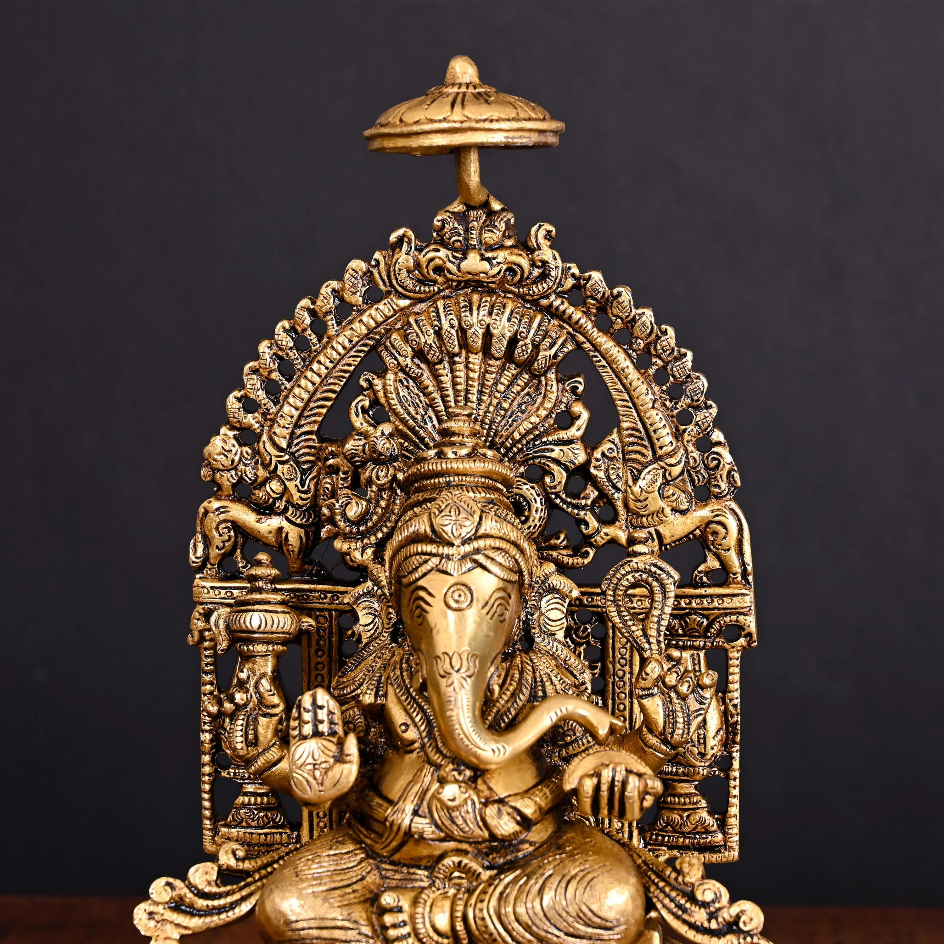 Brass Superfine Sitting Ganesha On Singhasan Idol (9.2 Inch) - Image 3