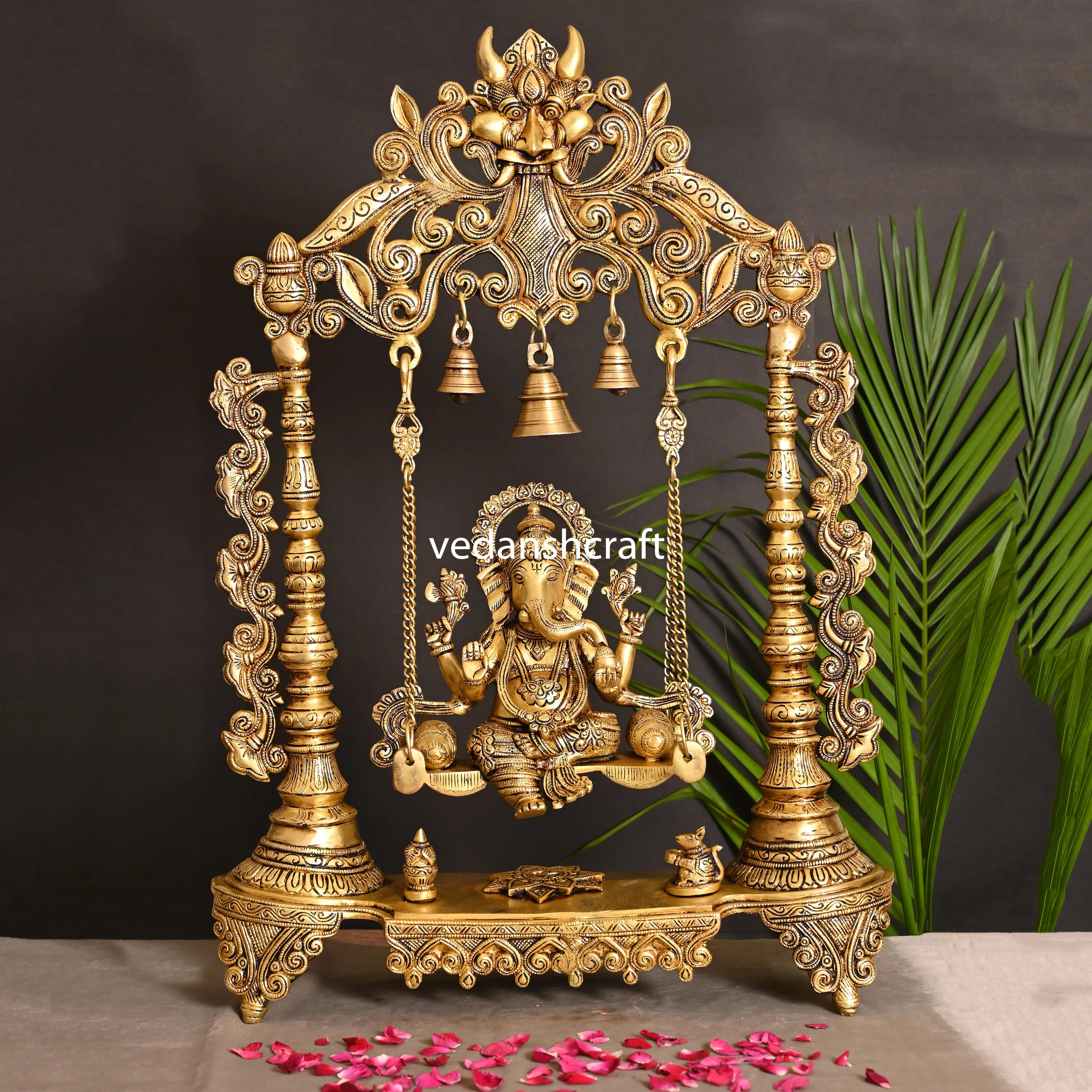 Brass Superfine Sitting Ganesha On Swing With Hanging Bells (25.5")