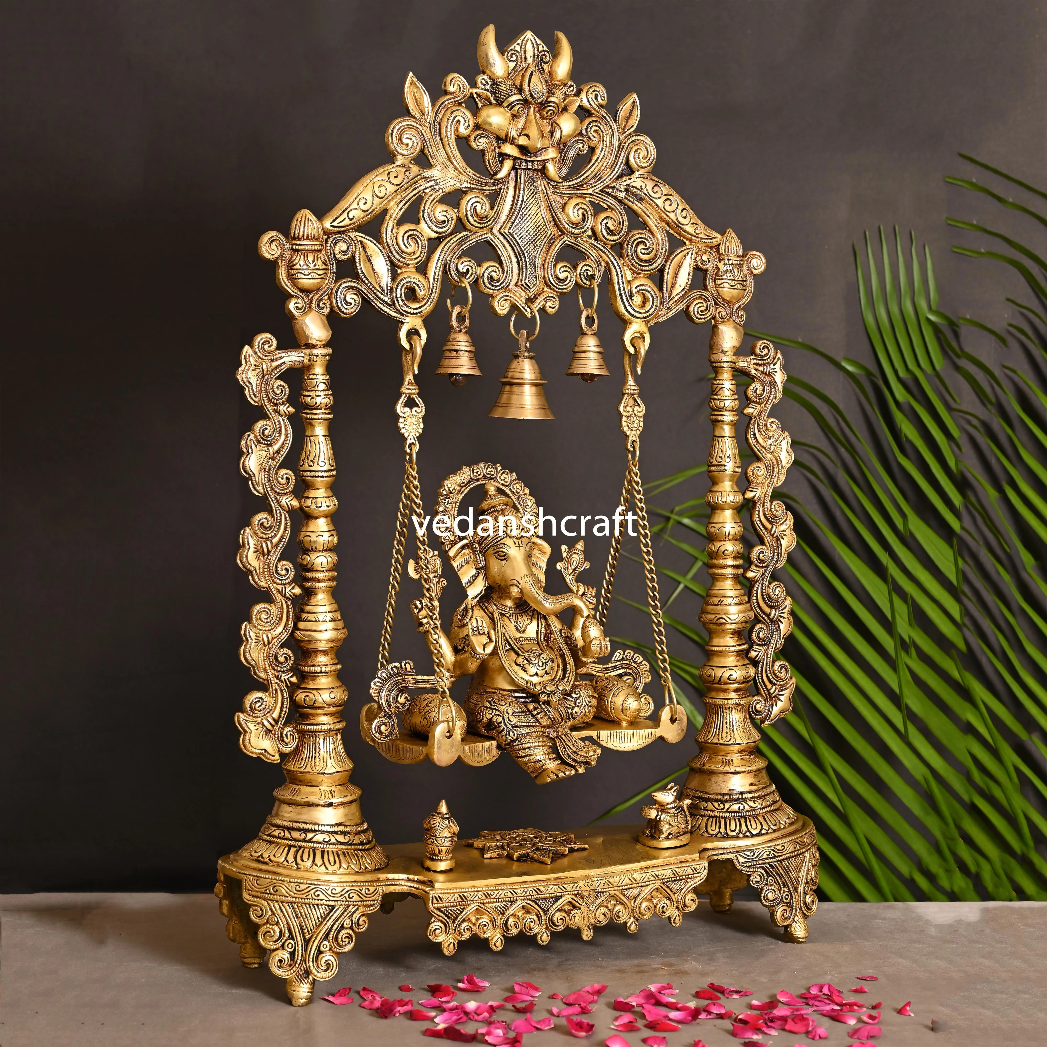 Brass Superfine Sitting Ganesha On Swing With Hanging Bells (25.5") - Image 2