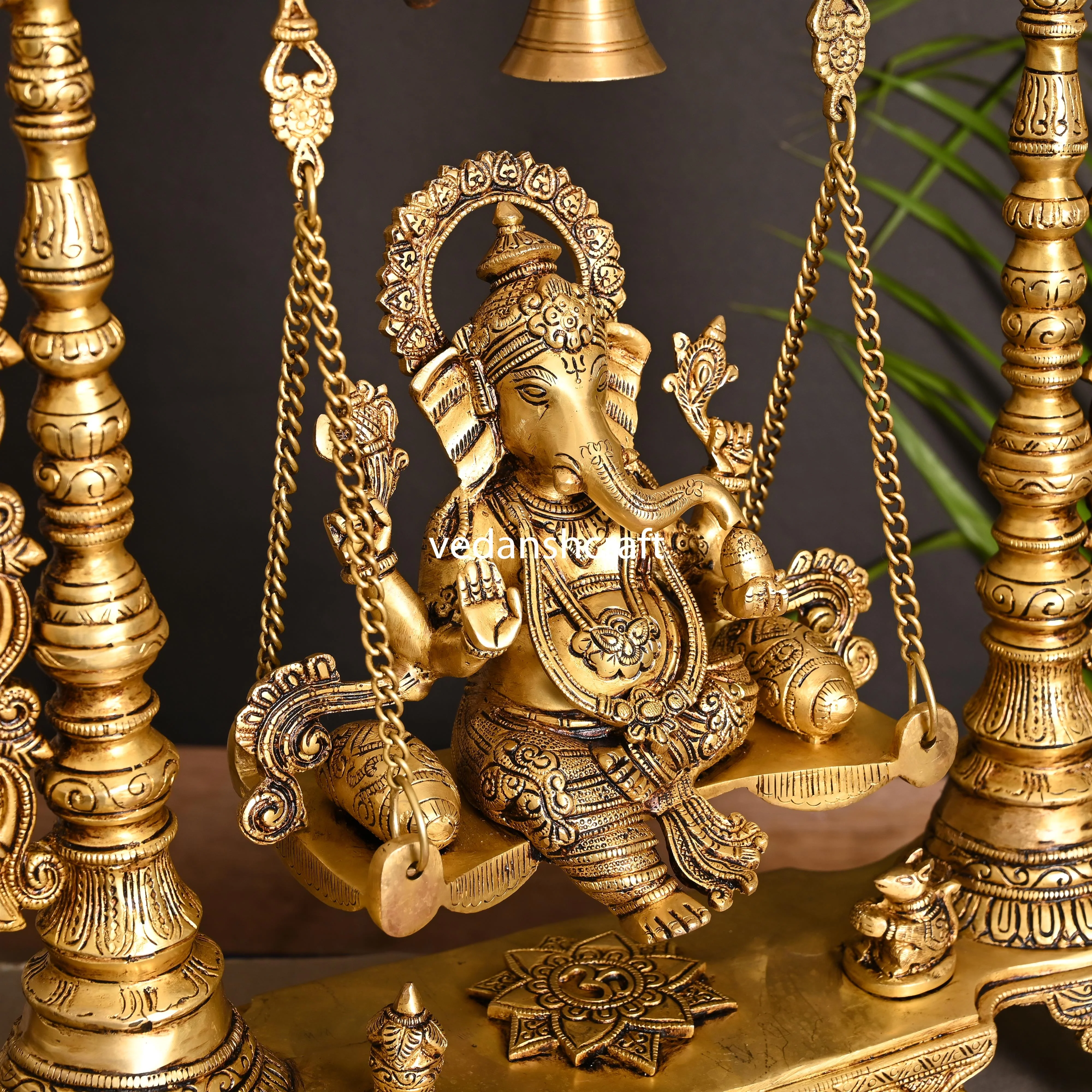Brass Superfine Sitting Ganesha On Swing With Hanging Bells (25.5") - Image 3