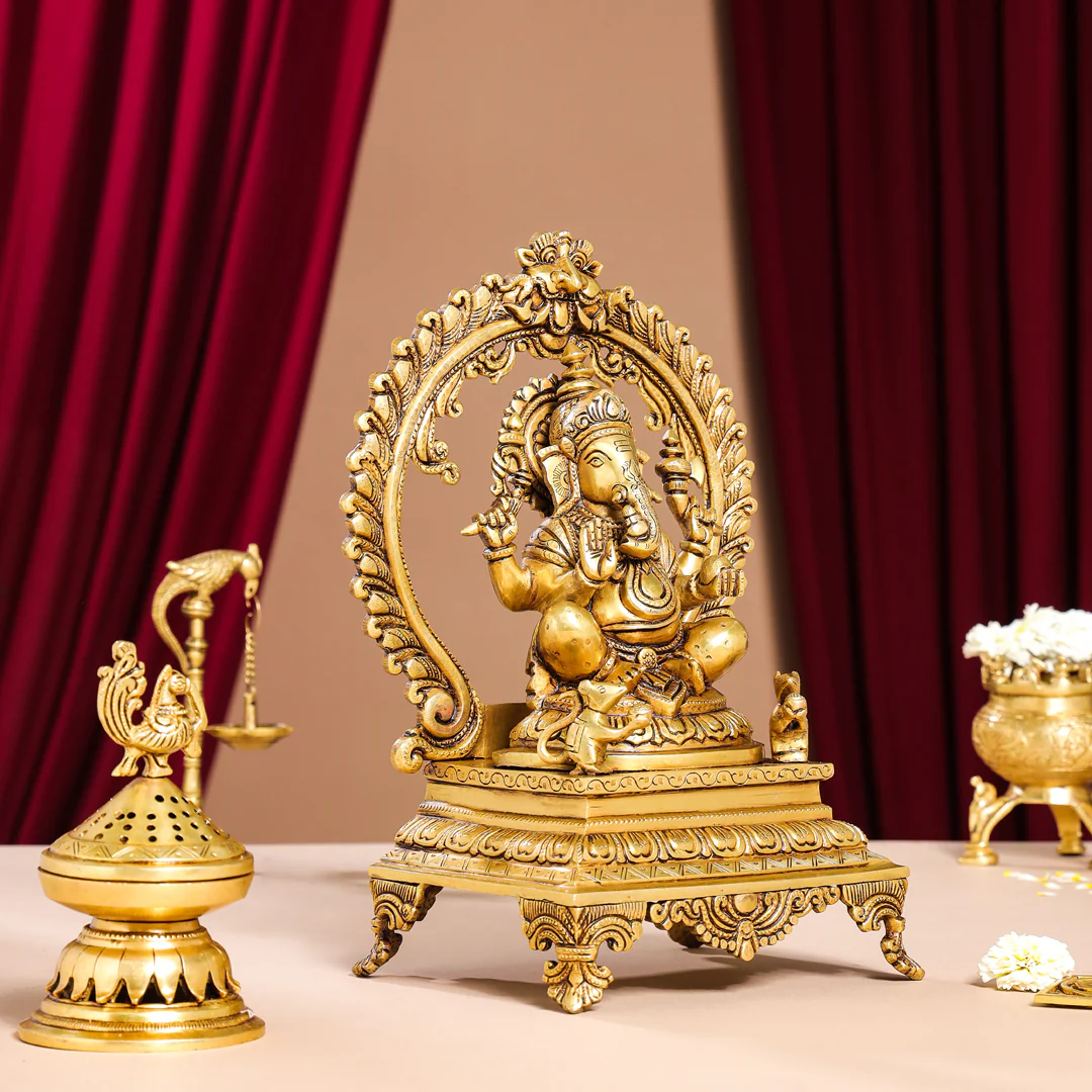 Brass Superfine Right Trunk Sitting Ganesha On Throne Idol (14 Inch) - Image 3
