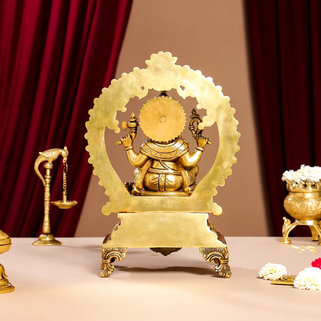Brass Superfine Right Trunk Sitting Ganesha On Throne Idol (14 Inch) - Image 4