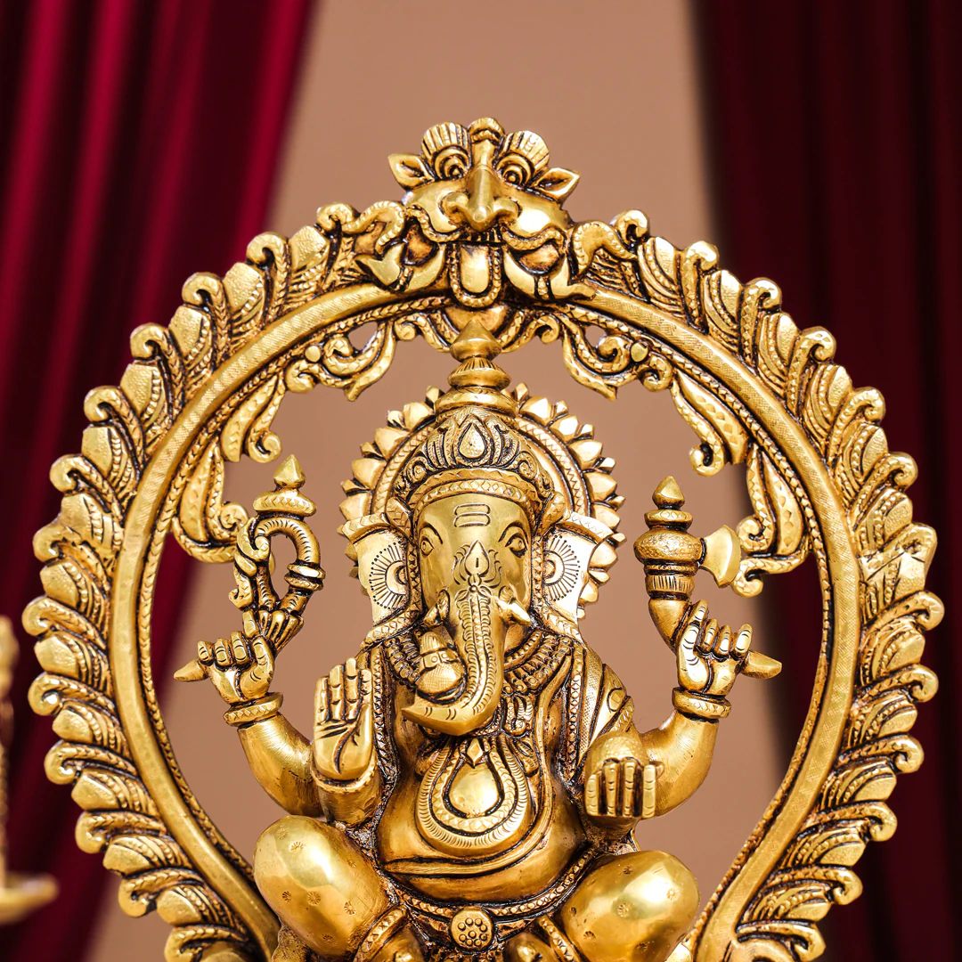 Brass Superfine Right Trunk Sitting Ganesha On Throne Idol (14 Inch) - Image 5