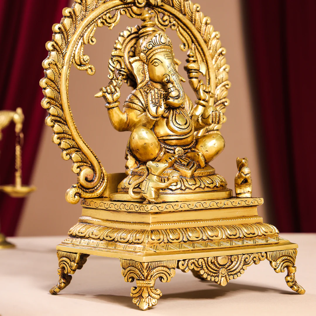 Brass Superfine Right Trunk Sitting Ganesha On Throne Idol (14 Inch) - Image 7