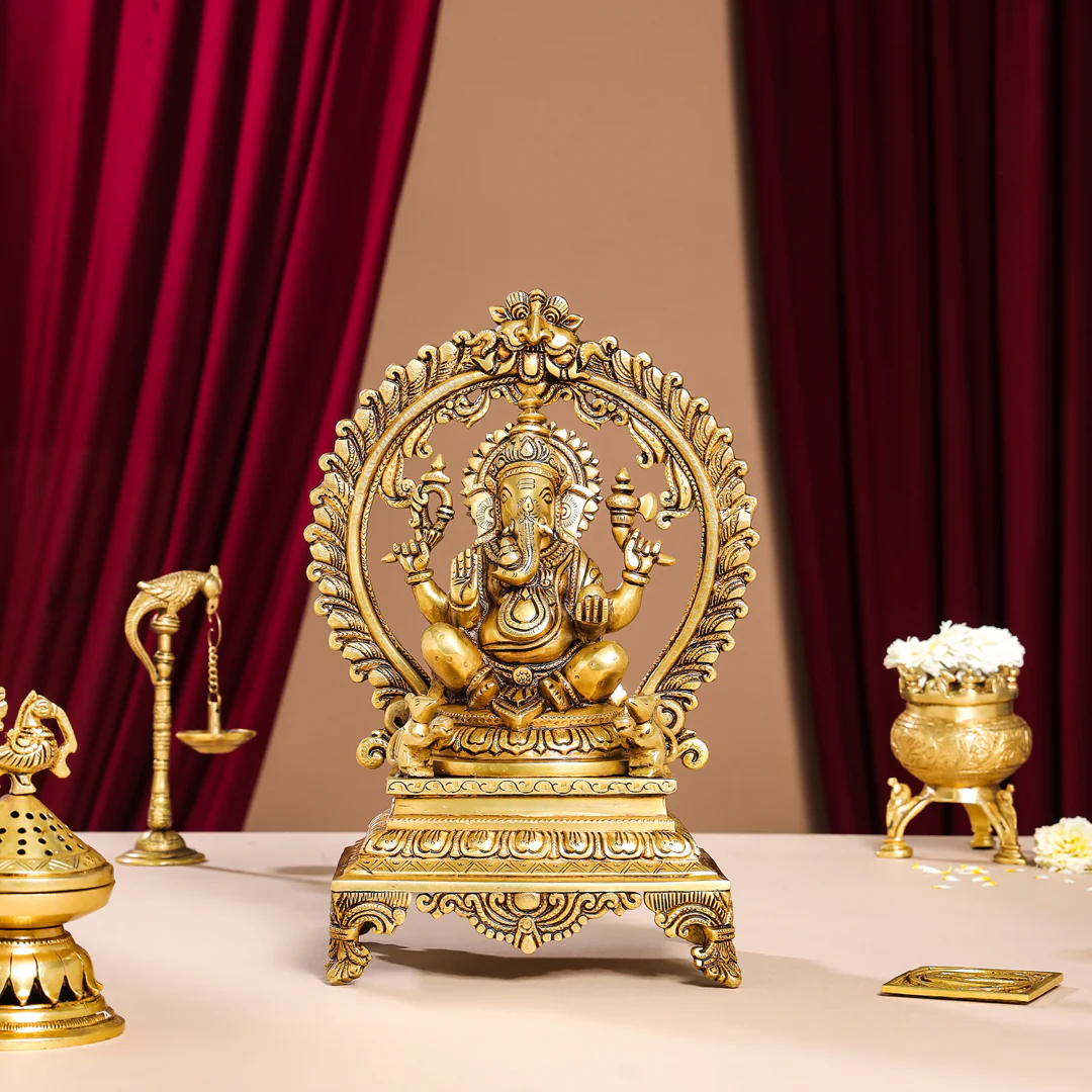 Brass Superfine Right Trunk Sitting Ganesha On Throne Idol (14 Inch) - Image 9