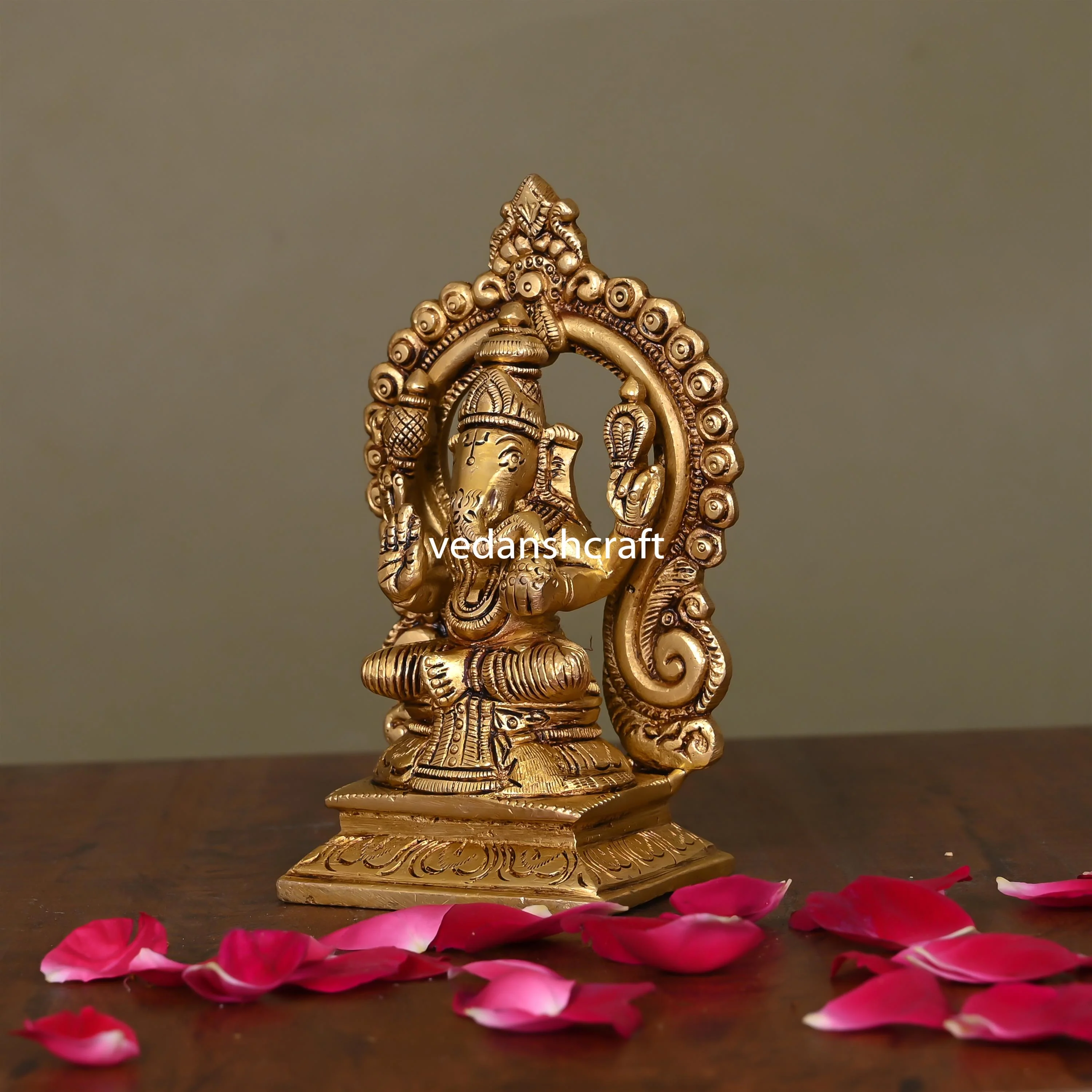 Brass Superfine Sitting Ganesha On Throne Idol (5.8 Inch) - Image 2