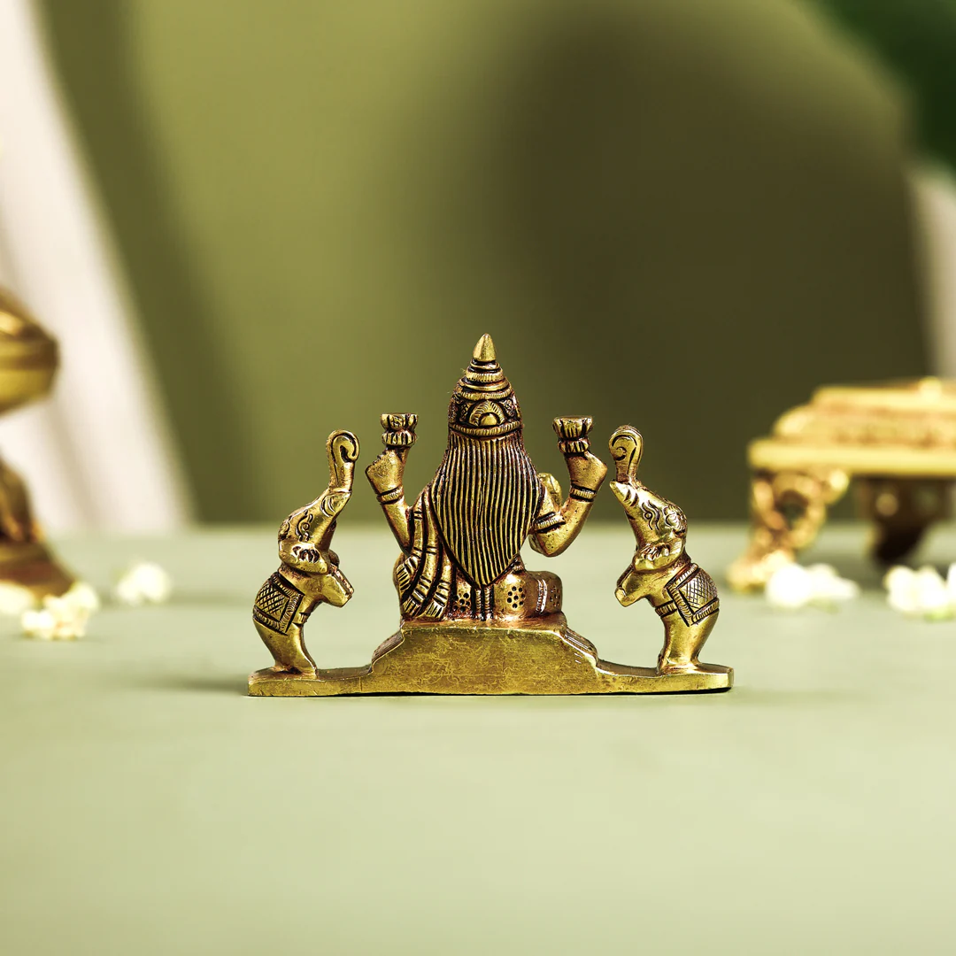 Brass Superfine Goddess Sitting Gaja Lakshmi Idol (3 Inch) - Image 4