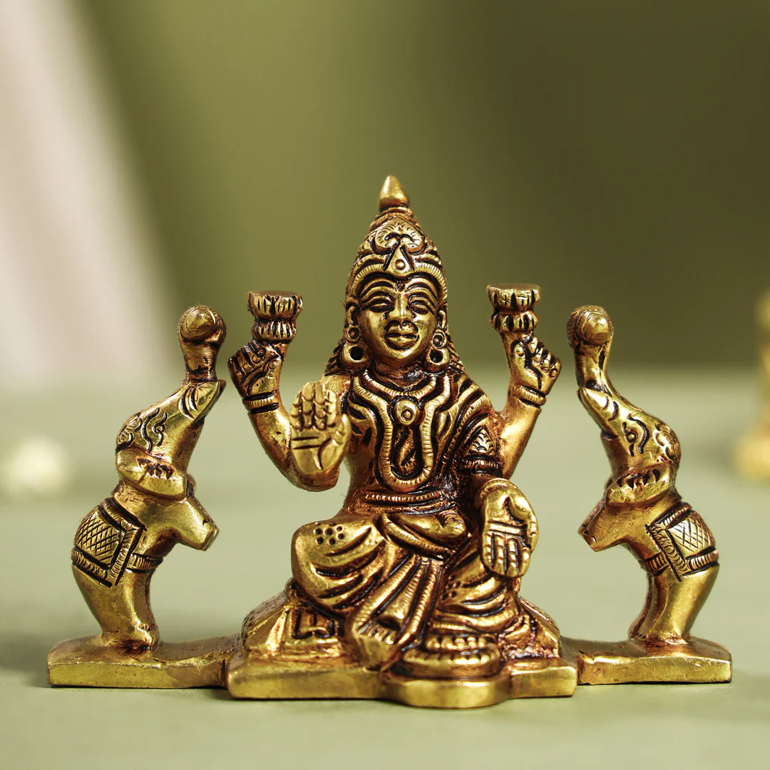 Brass Superfine Goddess Sitting Gaja Lakshmi Idol (3 Inch) - Image 5