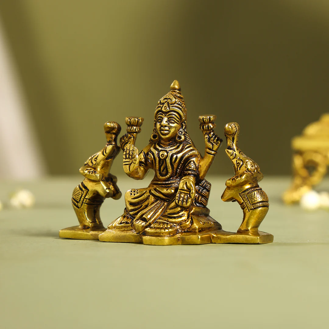 Brass Superfine Goddess Sitting Gaja Lakshmi Idol (3 Inch) - Image 7