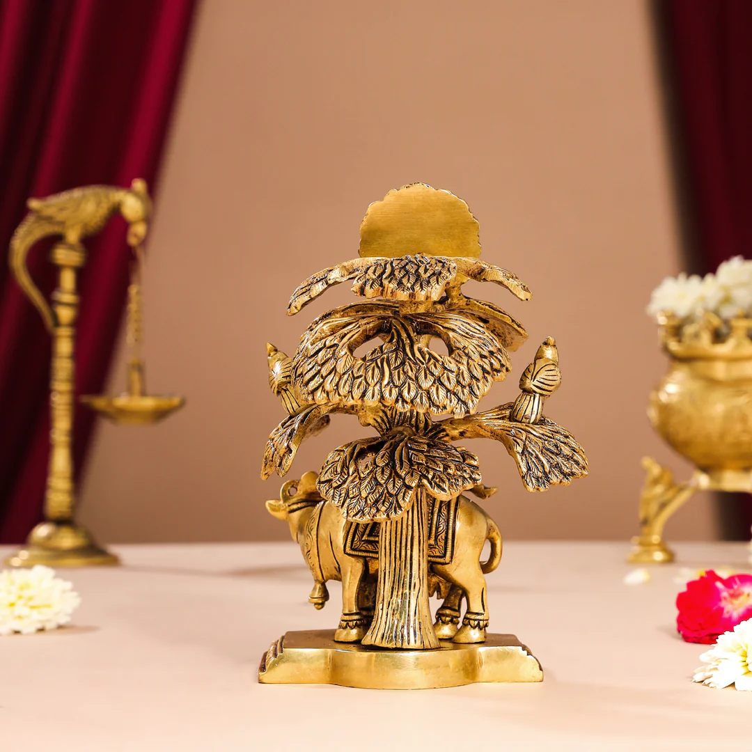Brass Superfine Standing Krishna With Cow Idol Under Tree (7 Inch) - Image 3